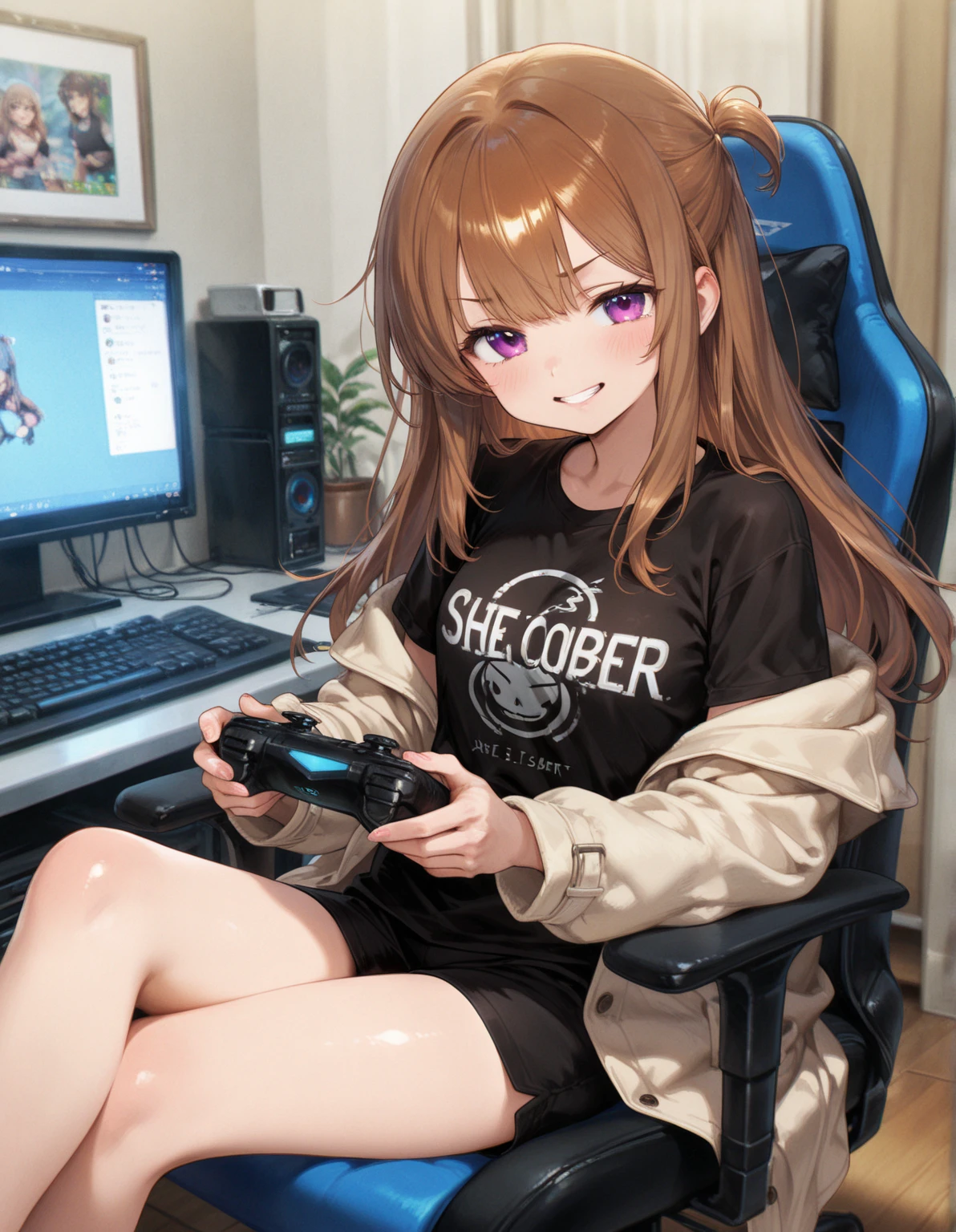long curly brown hair, brown eyes, sitting at desk, gamer headset, gamer chair, gamer phone, pale skin, thick thighs, shirt, shorts