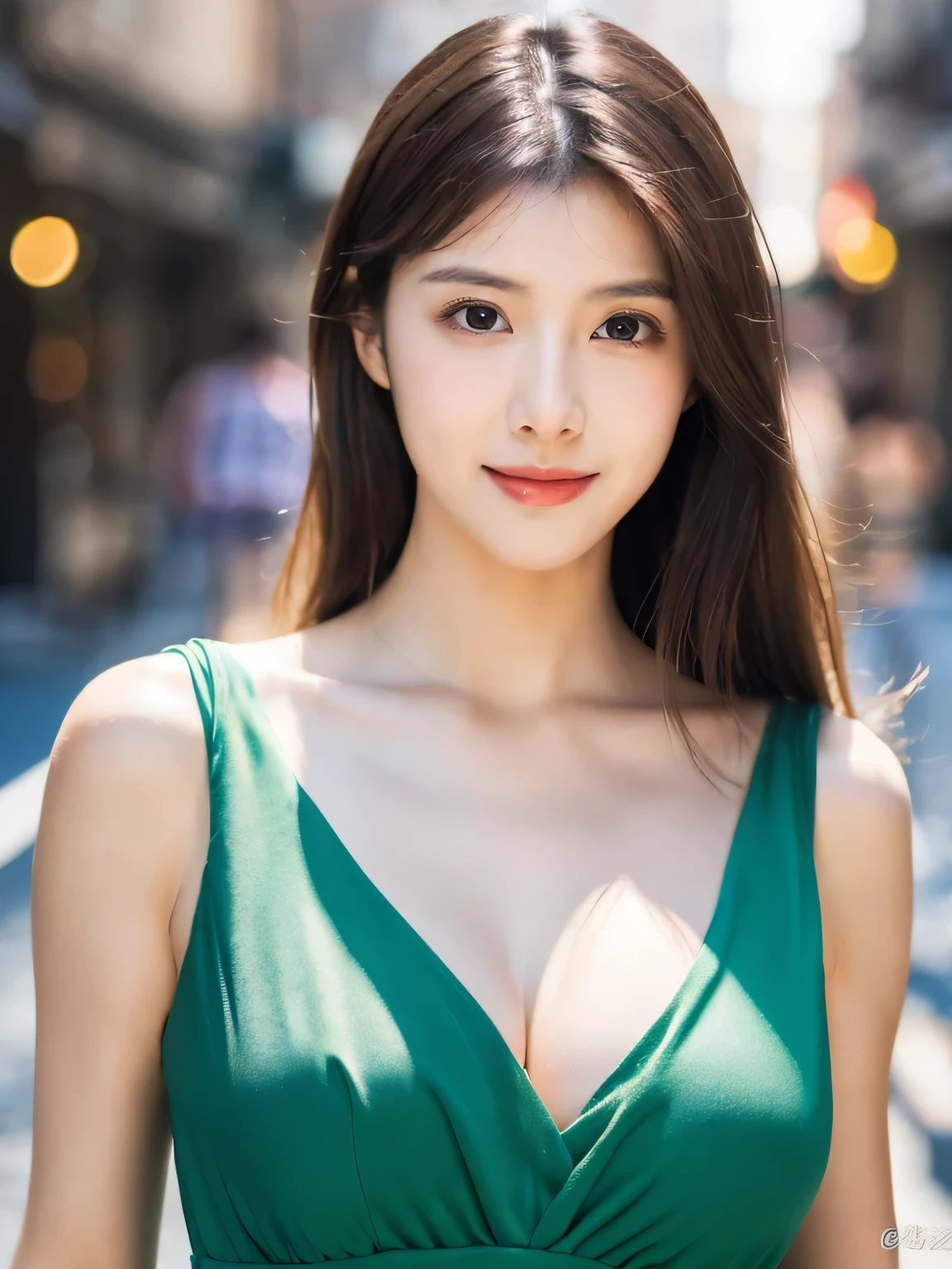 ((Highest resolution, 8K, Masterpiece 1.3)), Upper body (1.3), Huge breasts (5), Excellent figure, Gentle face, Parallel eyebrows, Smile, Natural makeup, Long straight hair, Hair blowing in the wind, Blowing kisses, Clothes that emphasize cleavage, skirts, refreshing looks, lunches, sunlight filtering through the city leaves, full body shots,