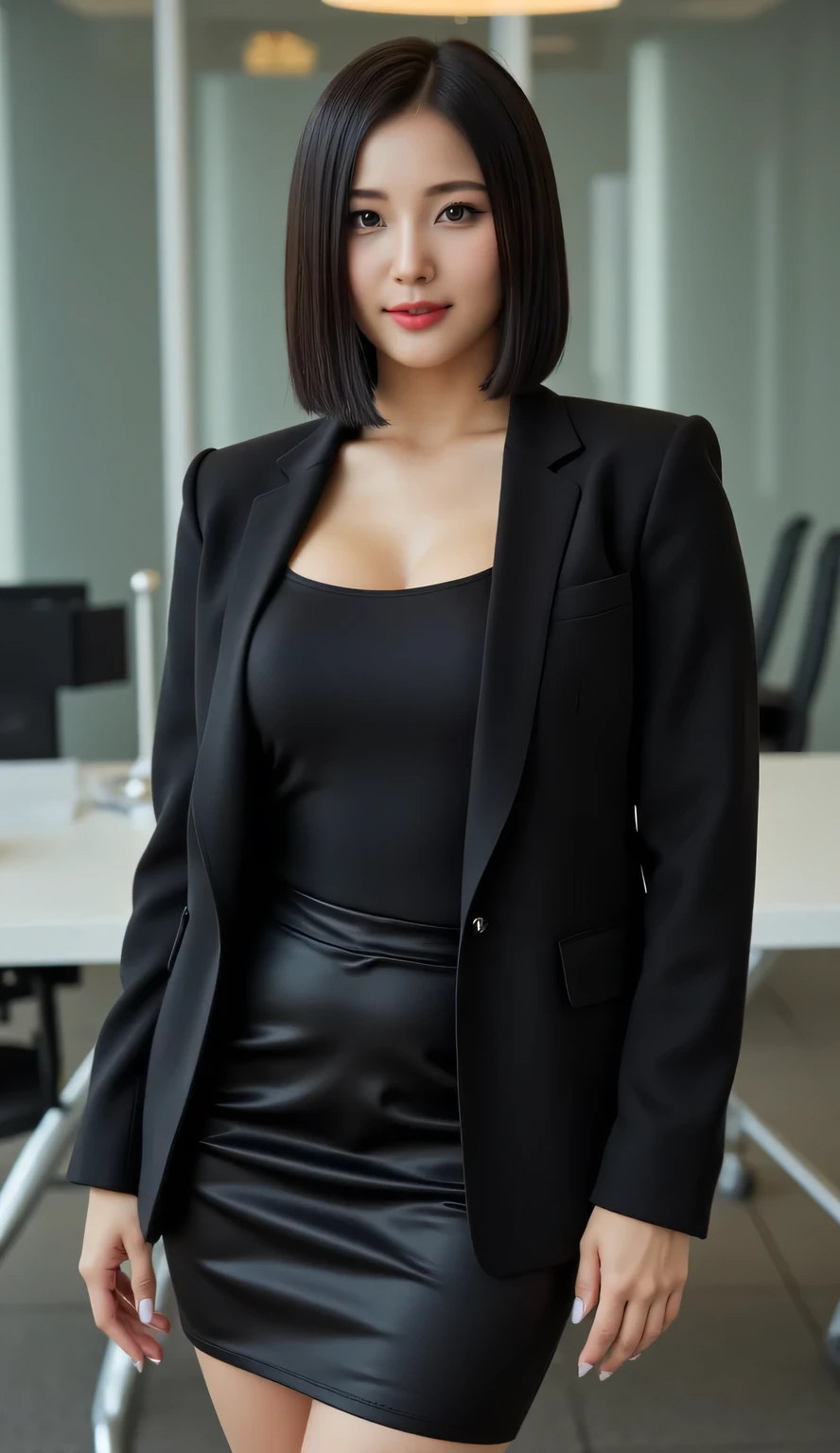Seorang wanita, berdiri di kantor, wear a tight blazer in black with a short sleeve formal shirt in black, long pencil skirt black satin material, payudara besar, lipstik merah
