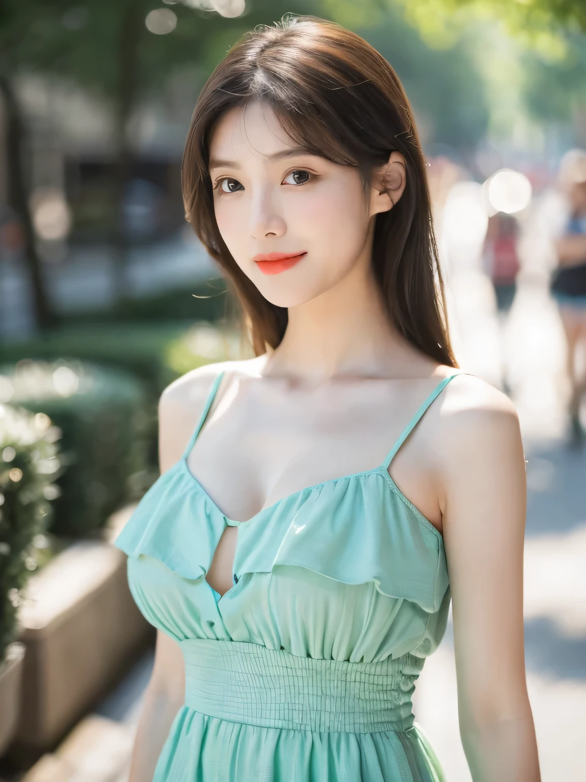 ((Best quality, 8K, masterpiece:1.3))，1girl，18 years old，Asian，Real texture:1.3，(Background blur:1.1)，Dress Up，Tall and slender figure:1.2，(Hot summer weather)，（street:1.3），Highly detailed face and skin textures，Exquisite eyes，Long eyelashes，Double eyelids，Skin Whitening，happy，Various postures，Big breasts