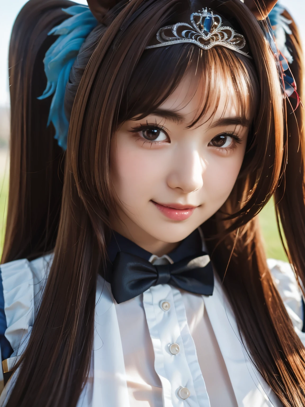 1girl, solo, cute japanese girl, idol, high school girl, (smile:1.2), natural makeup, highlighting her clear skin and subtle eye shadow,
BREAK
POV, (close up:1.5), looking at viewer, (Portrait:1.2), ((one index right finger, left hand on hip, )), stylish pose, active pose, dynamic angle.
BREAK
huge breasts, sagging breasts, nipples under clothes,
BREAK
(film grain:1.5), 8K raw photo, Best quality, masterpiece, ultra high res, (photorealistic:1.4), professional lighting, (16k, RAW photo, best quality, masterpiece:1.2), (realistic, photo-realistic:1.4), (extremely detailed 16k wallpaper), sharp focus, depth of field, blur background, bokeh, cinematic lighting, soft light,
BREAK
daiwadef, twintails, tiara, horse ears, horse tail
BREAK
underbust, center frills, bowtie, epaulettes, long sleeves, skirt, thighhighs, (naked clothes, sheer clothes:1.5),
BREAK
in the Racecourse