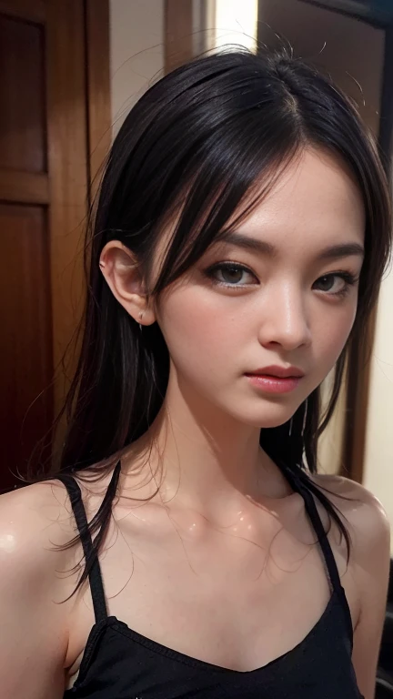Close-up of a woman with a necklace around her neck, Beautiful young Korean woman, Beautiful Korean Woman, Beautiful young Korean woman, Young and lovely Korean face, Korean woman,  Bonito-Pinot-Darling, young cute white asian face, beautiful asian girl, Cute and lovely Korean face, beautiful and delicate face, beautiful aesthetic face, Jaeyeon Nam, gorgeous chinese model, she has a tattoo on her chest. 그녀는 black shirt를 입고 있어요., black shirt, black tattoo blouse