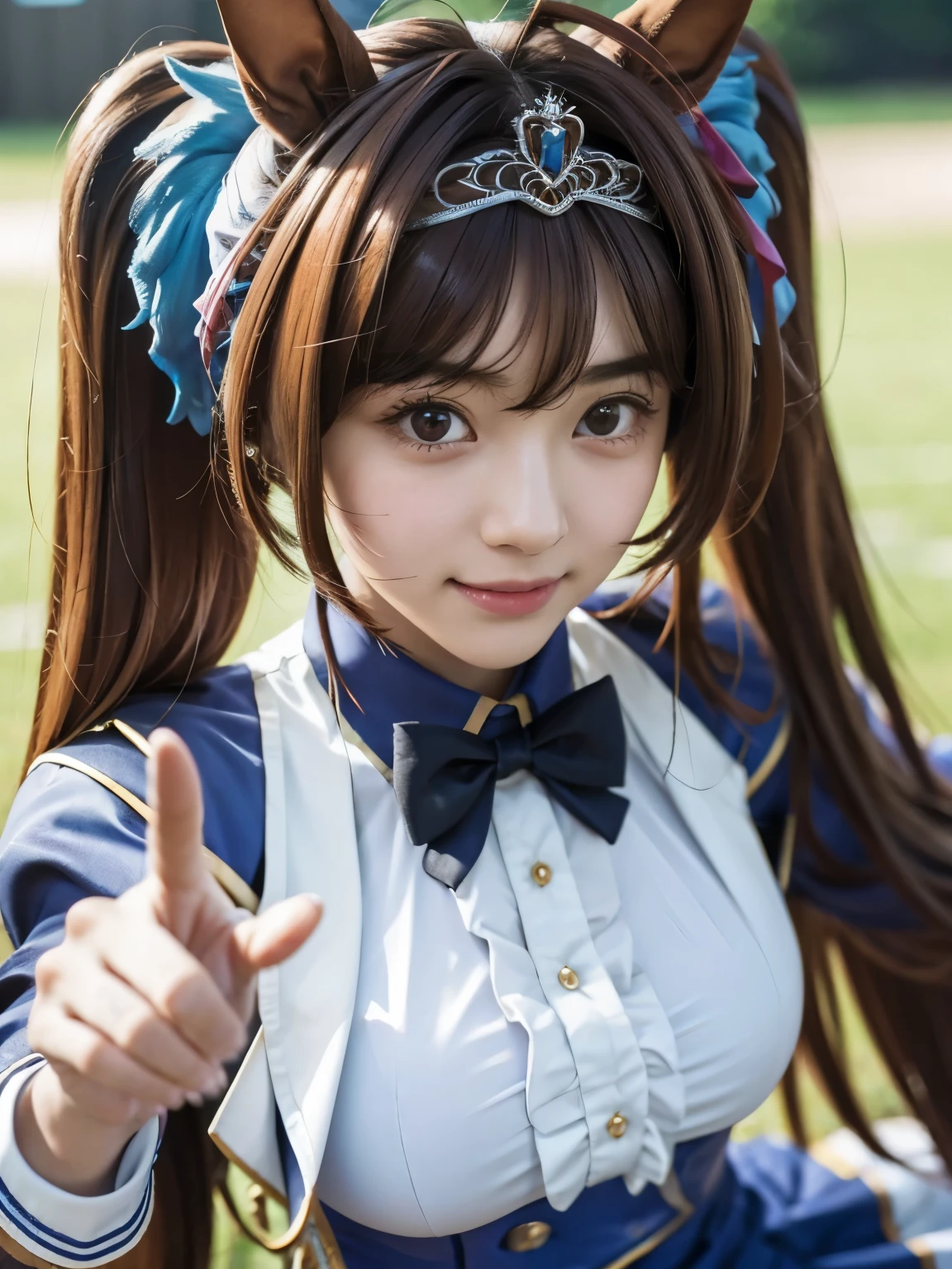 1girl, solo, cute japanese girl, idol, high school girl, (smile:1.2), natural makeup, highlighting her clear skin and subtle eye shadow,
BREAK
POV, (close up:1.3), looking at viewer, (Portrait:1.2), ((one index finger)), stylish pose, active pose, dynamic angle.
BREAK
huge breasts, sagging breasts, nipples under clothes,
BREAK
(film grain:1.5), 8K raw photo, Best quality, masterpiece, ultra high res, (photorealistic:1.4), professional lighting, (16k, RAW photo, best quality, masterpiece:1.2), (realistic, photo-realistic:1.4), (extremely detailed 16k wallpaper), sharp focus, depth of field, blur background, bokeh, cinematic lighting, soft light,
BREAK
daiwadef, twintails, tiara, horse ears, horse tail
BREAK
underbust, center frills, bowtie, epaulettes, long sleeves, skirt, thighhighs, ((naked clothes, sheer clothes)),
BREAK
in the Racecourse