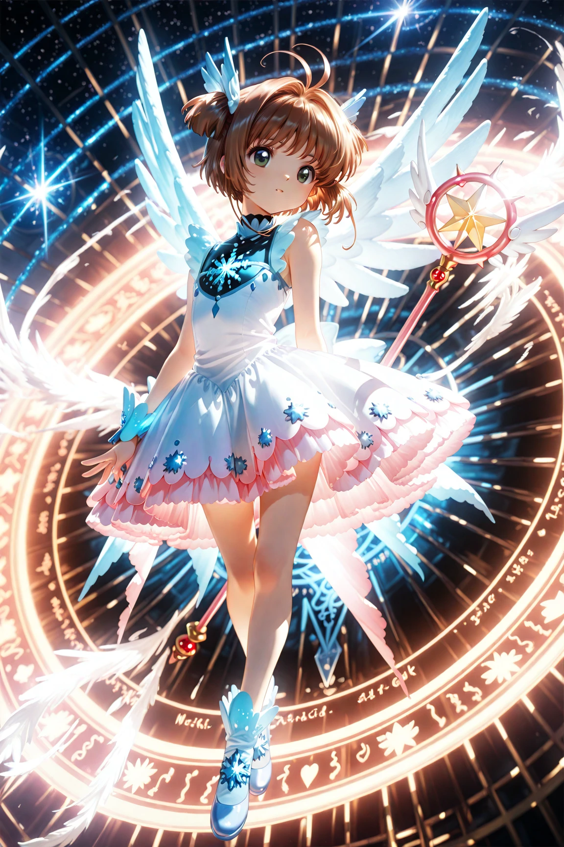 Sakura Kinomoto, 1 girl, solo, short hair, brown hair, knee-high socks, black gloves, hat, outer space, red dress, green eyes, wings, white gloves, magical girl, wand, pink hat, sealing wand, sealing mirror