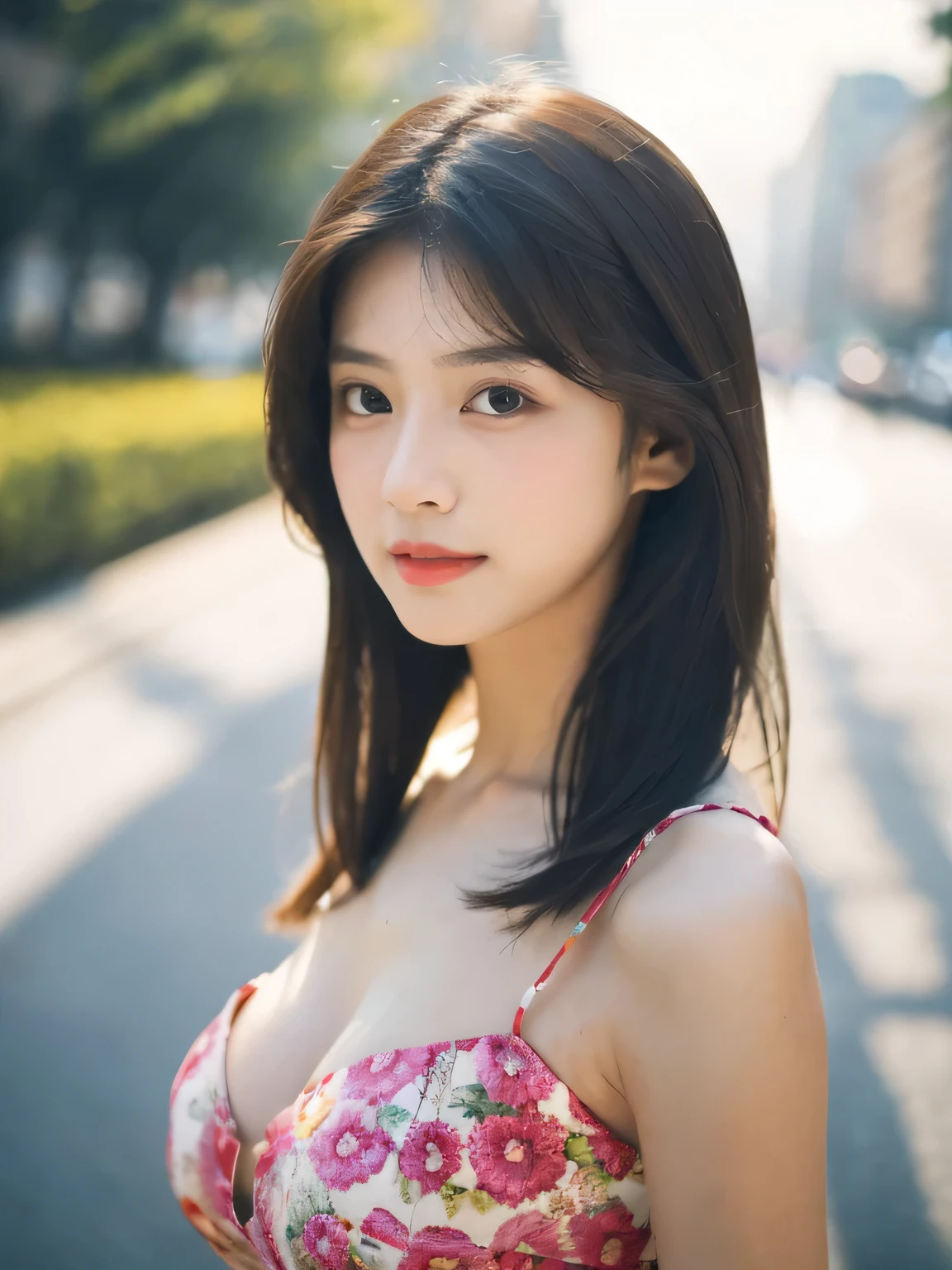 (photorealistic:1.8),(bokeh:0.3),((((film grain)))),(masterpiece:1.2),(highest quality:1.2),8k,raw photo,High-quality texture,detailed texture, Girl in thin low cut camisole and tight denim shorts poses for photo、full body、sexy dress、Slim body、(large , cleavage, park,)、Slim Girl Model、24 year old female model、Beautiful body Highly detailed face Facing the front Navel out red Too torn dress Shabby dress Shabby string camisole Only the strings are too short camisoles dress that are too short genitals are visible Low-rise dress Scanty hot panties Show all your beautiful body