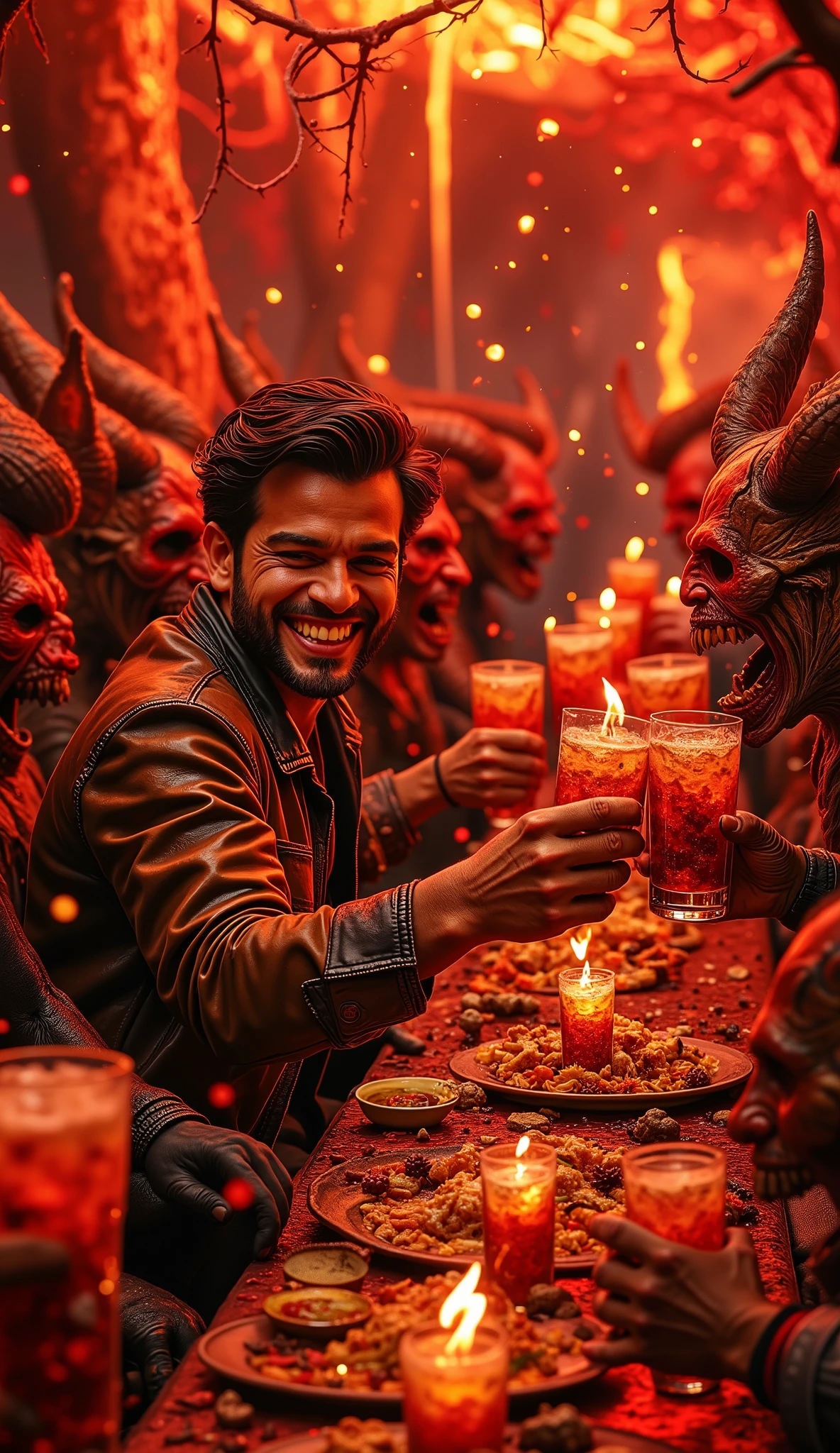 A hyper-realistic, high detail digital painting of a 38-year-old Latino man celebrating his birthday in hell. The man has short black wavy hair, a trimmed beard, and wears a worn leather jacket. He’s laughing genuinely, surrounded by demonic beings with skeletal wings, horns, and molten skin, all toasting with fiery drinks. The scene is bathed in hellish red and orange tones, glowing embers floating in the air. A long infernal banquet table stretches behind them, filled with surreal and grotesque foods. Lava flows in the background, casting flickering light. Camera angle: medium shot from below eye level, slightly tilted to the right to create tension and dynamism. The man is at the center, joyful, finally accepted.