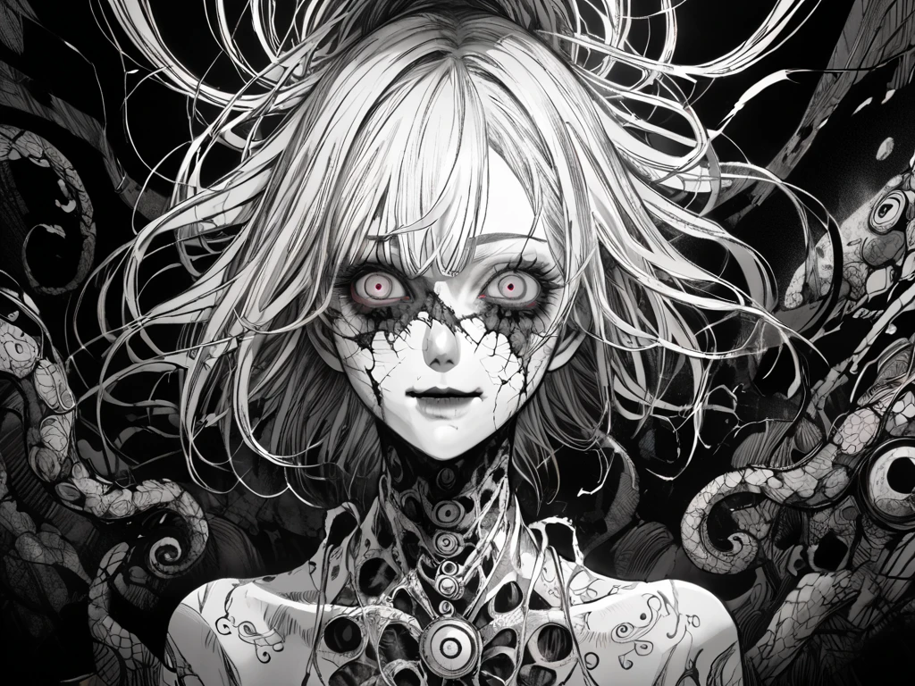 Anime line drawing, line art, black and white, (body horror: 1.4), (biology: 1.3), Female Skull Crusher, (bloody: 1.2), Live,  (Zentangle: 1.2)