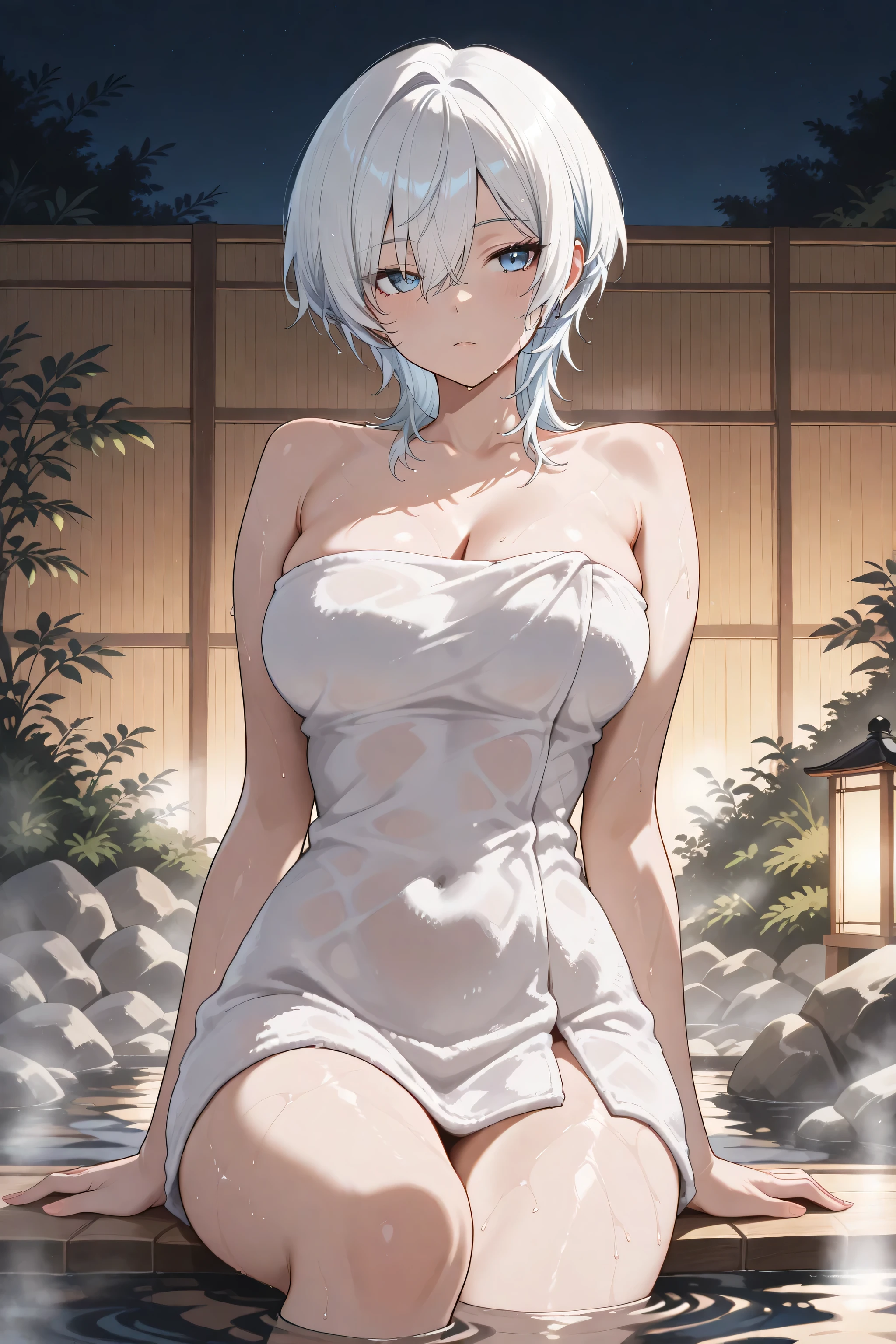 1girl, white hair, purple eyes, portrait, realistic, towel, (onsen), sidelighting, wallpaper, nsfw,