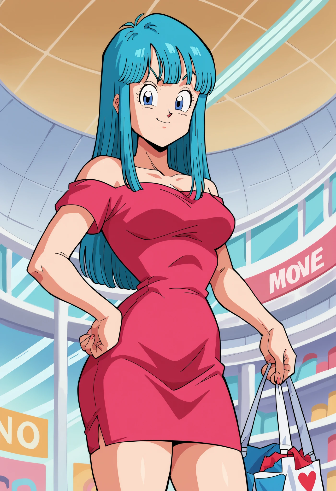 score_9, score_8_up, score_7_up, score_6_up, score_5_up,score_4_up BREAK retro artstyle, maron, 1girl,solo, cowboy shot, aqua hair, blue eyes, bangs, long hair,pink short dress, off shoulder, short sleeves, mall, shopping center,indoors,ceiling light,contrapposto,looking at viewer,hand on own hip,holding shopping bag,smug, from below