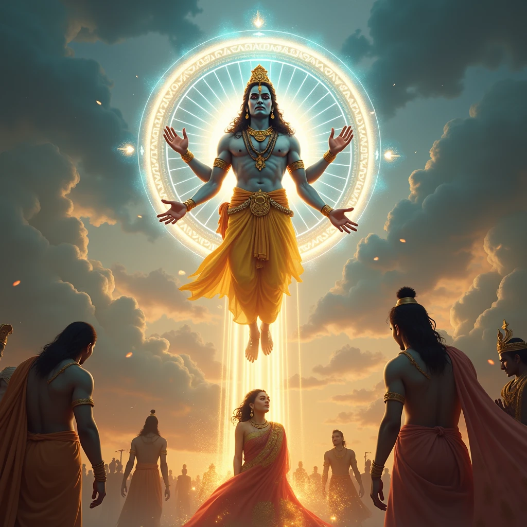 Create an inspiring and symbolic image depicting Lord Krishna offering his divine blessings over Bangladesh amidst current challenges like floods and political tensions. Lord Krishna is shown in the sky, adorned with his iconic peacock feather crown, emitting a glowing aura. He looks down upon Bangladesh with a serene and protective expression. The landscape below includes flooded regions, political gatherings, and people enduring hardships. The overall tone of the image should convey a sense of divine protection and hope, with Krishna’s presence symbolizing trust and blessings for the people of Bangladesh. The colors should blend dark tones representing challenges with warm, bright hues reflecting Krishna's divine light and hope.