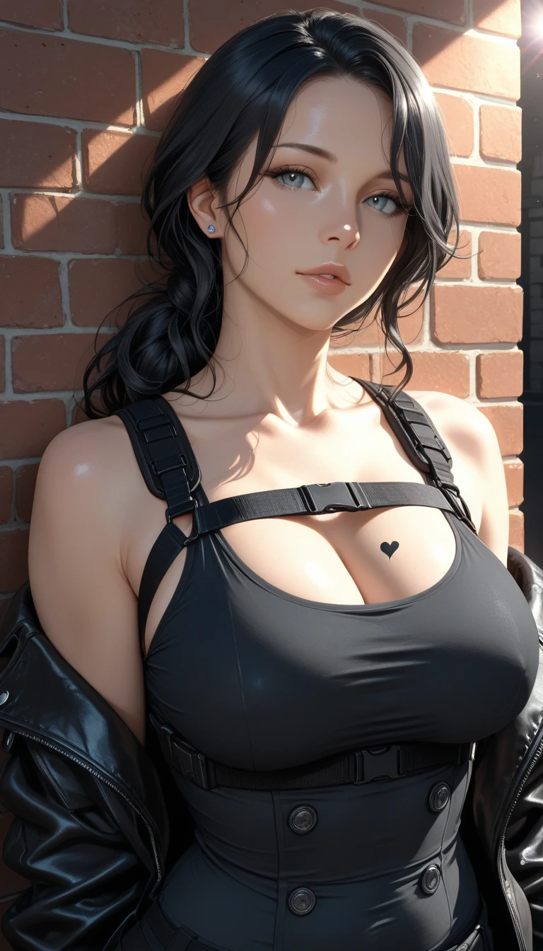 Extremely busty thin and toned brunette death metal girl, strung out, sleepy, stoned, fair skin, big hair, huge ponytail, hair pulled back, soft face, athletic, heavy makeup, piercings, tank top, crop top, studs, black pants, boots, fingerless gloves. black butterfly tattoos. standing in a dark alley at night. Outdoors, exterior, Nighttime. neon lights. (detailed background.) Sly, seductive, huge breasts.