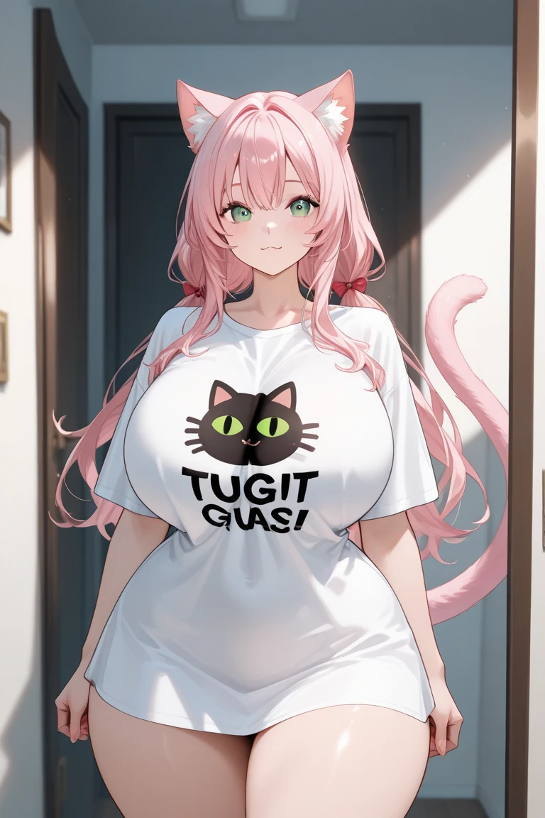 una chica rubia, alta, large breast size, usando sus bragas de color negro. una camisa corta que deja libre su abdomen, la camisa es de color blanco. estilo anime, abriendo la puerta de tu cuarto.
