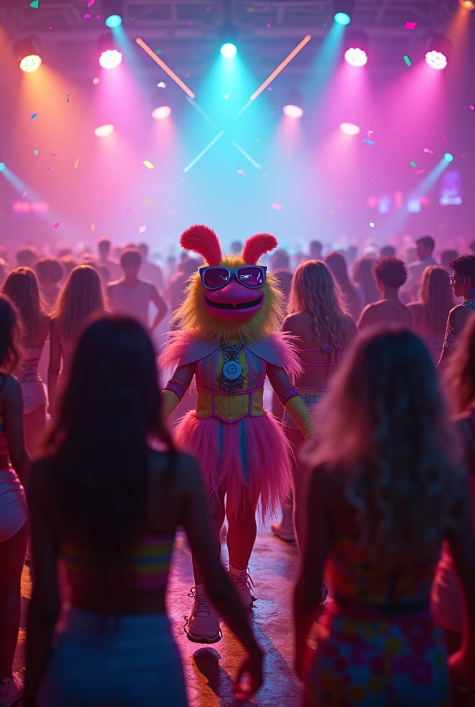 Image of a group of girls in bikinis, heels and garter belt dancing in a nightclub, with Charmander the drunk pokemon dancing in the center of the dance floor