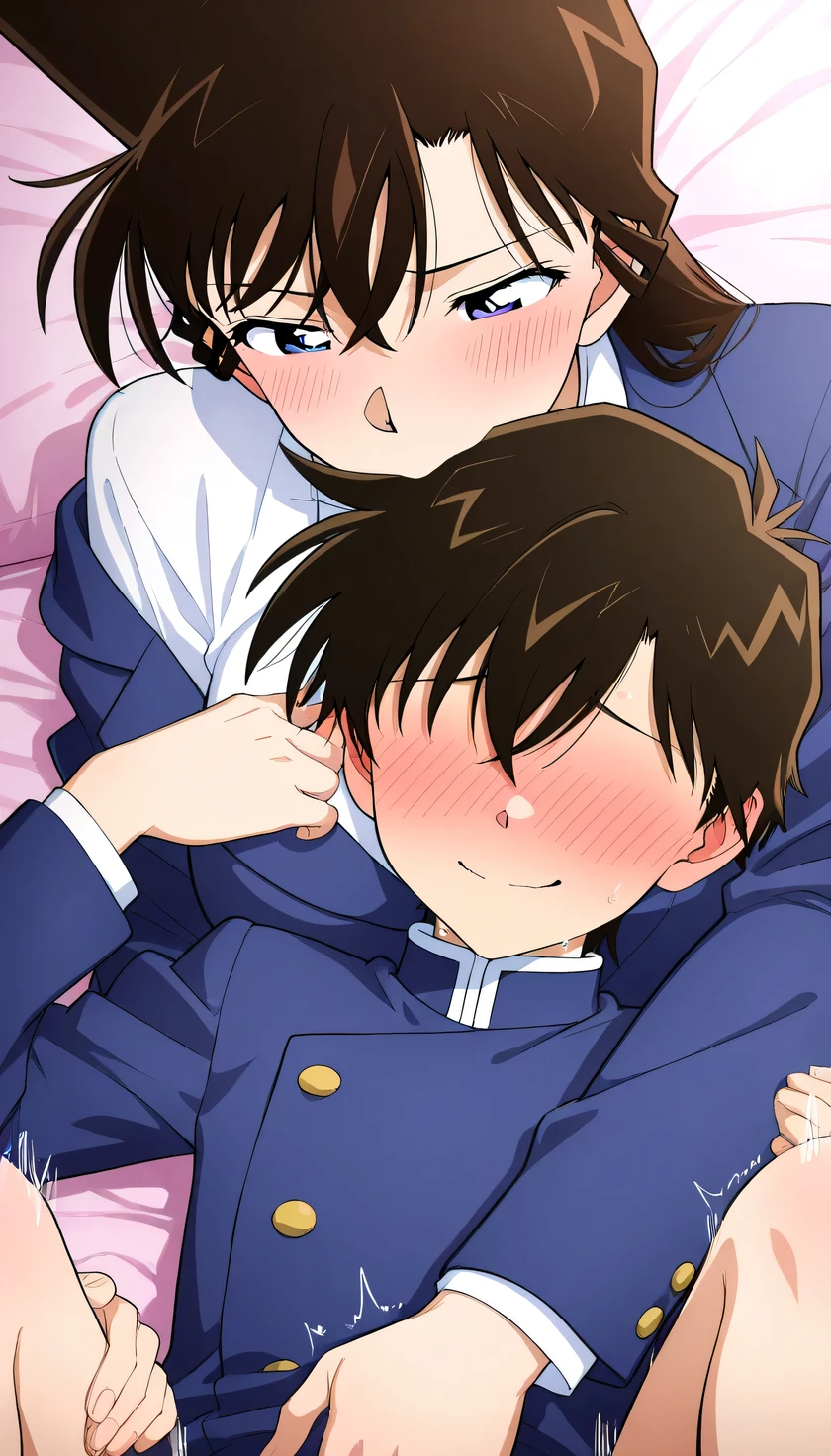 masterpiece,最High Quality,{{beautiful face and eyes with great attention to detail}}, very detailed background,the background is the bedroom,bedroom,  Mouri Ran,long hair,brown hair,hyperbreasted,slender with SMG,skinny, slender with SMG,Thin Body,Motion Lines、Anime coloring、Tall Woman、high school students、A Kind Older Sister、masterpiece、High Quality、High Definition、 Pretty Fingers、detailed faces with ofisu、 Glowing Lips 、uniform、(clothes),slender with SMG女性、 and lies on the bed with her 、In bed、(kissing、ディープkissing:1.3)、(向かい合い密着し抱きつきkissingをする:1.0)、女性と幼い少年が向かい合って抱きつきkissingをします、face to face hug、Dynamic,Get your legs entangled、A woman gets her legs entangled、(A gentle woman who loves a )、(Little Short Boy、Female has an advantage over boys)、(a short, small boy with no eyes)、short boy with short black hair、short boy 、(height difference、Body size difference)、(Girl 1 Boy:1.0)、(Smiling,blush:1.1),Women have gentle expressions、shy face、embarrassing expression、Women are happy、Anyway, Happy Woman、Happy and Irresistible Woman、in bed with 、Woman's mischievous expression、Boy's Skirping Pose、Pleasure、mouth、drool、grabs a woman's chest、white breath、Heat、Steam、heart mark、 lovey-dovey mood 、bedroom、in the bedroom、upper body、upper bodyフォーカス、kissingフォーカス、Top view angle,