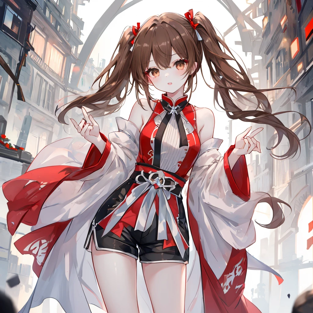 One girl, Brown Hair, ponytail, Large Breasts, smile, ribbon hair accessories, Anime Style, Cat ear,