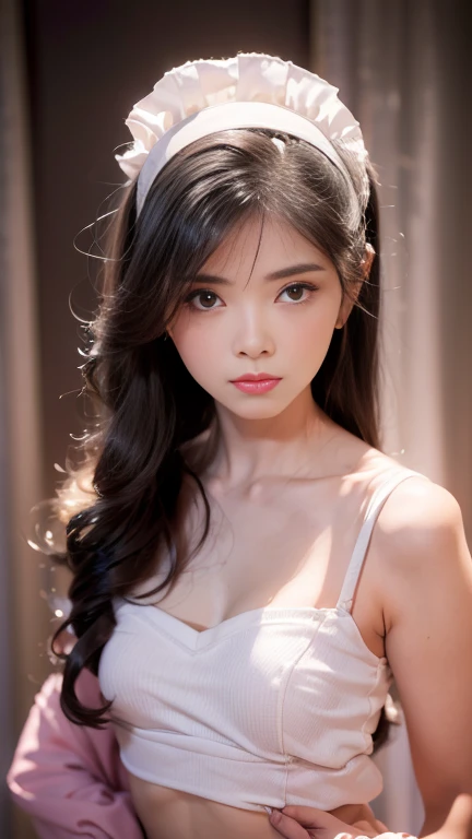 (photograph:1.2)、(photorealistic:1.3)、(masterpiece:1.3)、(Highest image quality:1.4)、ultra high resolution、(detailed eyes)、(detailed facial features)、(Detailed garment features)、8K resolution、solo focus、26 year old mature woman、small face、no makeup、Detailed leal beautiful eyes、bangs、gold hair、long cut hair, braided hair、(realistic skin)、beautiful skin、charming、ultra high resolution、Super realistic、High definition、Camisa branca aberta,middlebre、small breasts、bust B cup、small breasts、cool beauty、Gray background、cinematic lighting、perfect、soft light、High resolution skin:1.2、realistic skin texture、26 years old mature woman、small face、no makeup、Bust B Cup、Detailed beautiful brown eyes、short hair、dark brown hair、Cool beauty