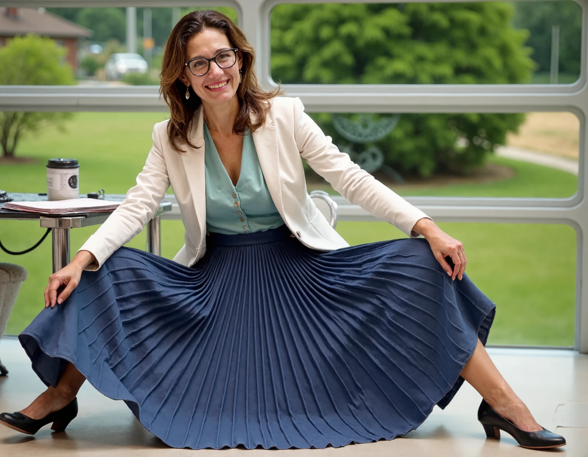 Soft focus captures a vintage aesthetic on 35mm film, reminiscent of Portra400 or Vision3 200T/500T. In a spaceship office, your therapist, who is a kind, mature lady sits on her desk surrounded by starry cosmos through large windows, showing her empathy and maternal affection for you. Her long, pleated skirt, with very visible and sharp pleats, flows elegantly around her legs as she wears a uniform jacket over a blouse. Modest low-heel shoes and glasses complete her outfit. Gentle features on her beautiful, mature, feminine face beam with a warm smile as she flirtatiously lifts her skirt and seductively spreads her legs, inviting intimacy and comfort. Her skin is flushed, sweaty, and her cheeks blush. Her lips beckon for a kiss, as she desperately lusts for love and passionate embrace. The metallic spaceship interior is illuminated by warm light and a hint of moonlight, emphasizing your therapist's lust and seduction.