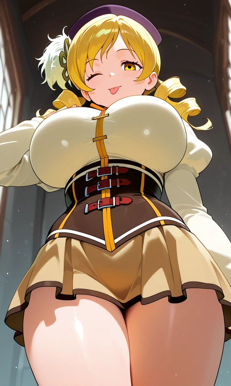 masterpiece, 1girl, sparrow, a blonde haired girl, wearing a brown viking clothes, curly medium hair, messy hair, slim body, wearing furry capelet with hoody, he close her left eye, shirt ornament, aqua eyes, sho show her back, ahoge, red vest, baby face, big breast, beautiful breasts, rounded breasts, braid hair, long sleeves, beautiful eyes, white stocking, droopy eyes, her age is 19 years old, smile, ancient viking