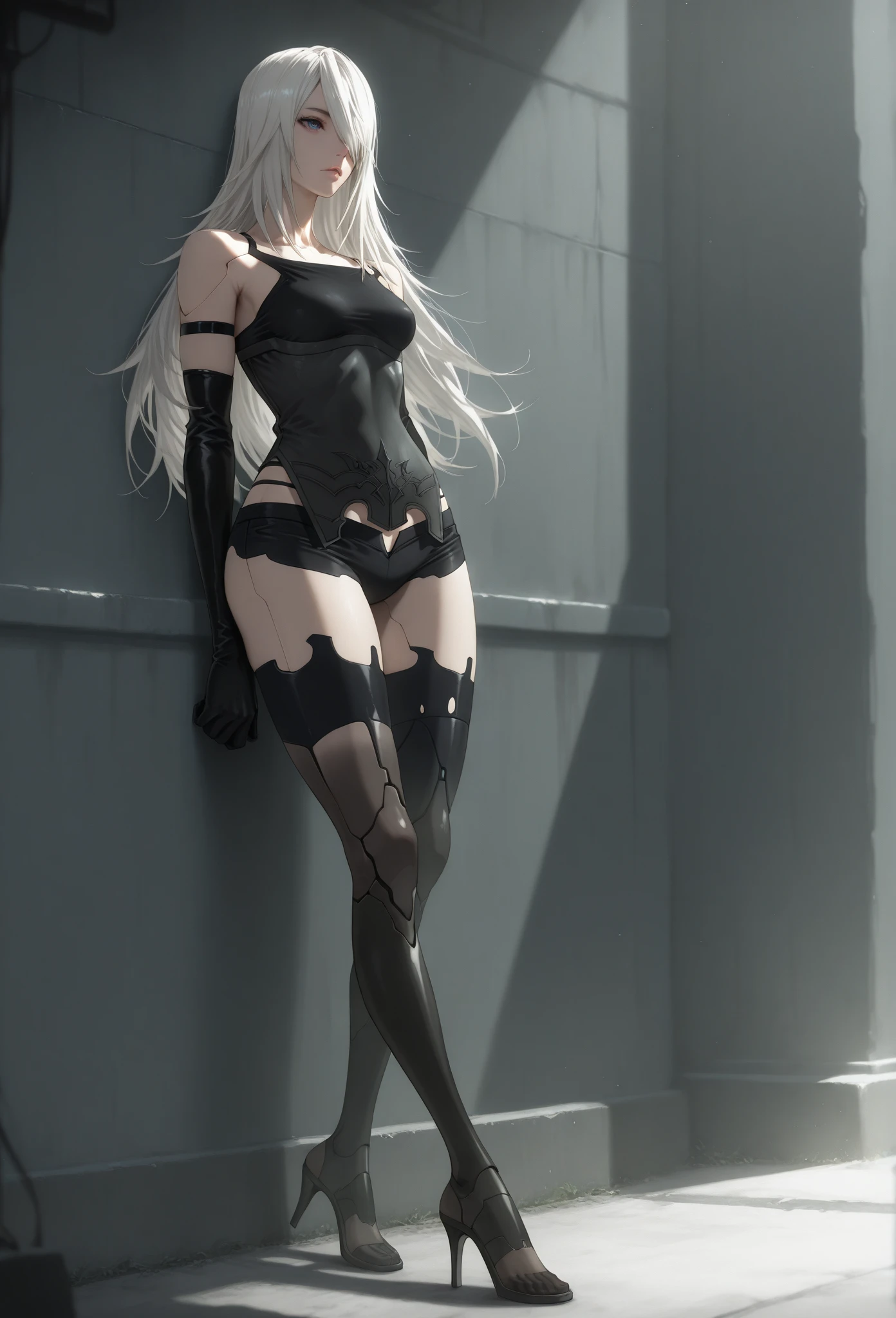(masterpiece, best quality:1.2), 1girl, waving hair, long hair, ((bondage and high heel boots and white elbow gloves))