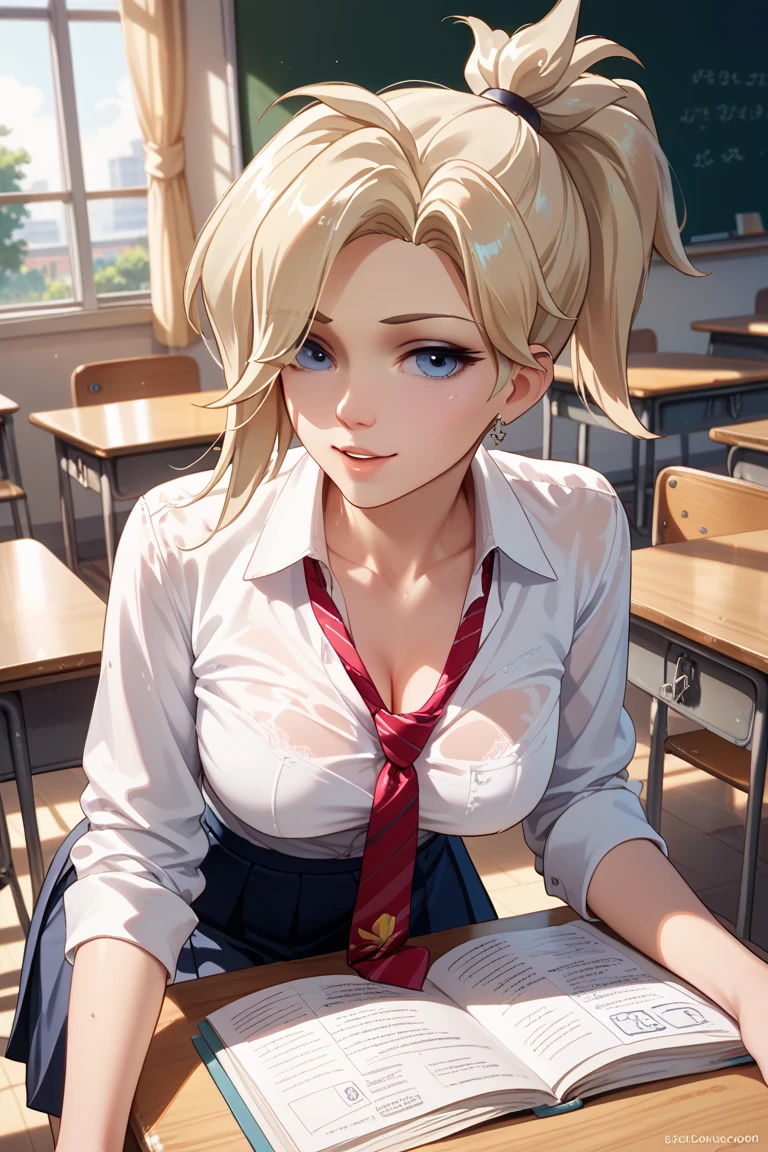 raw photo, sideview, blonde teacher with cute makeup, age 35, face detailing, (holding textbook: 1.4) , narrow shoulders, black tight superminiskirt 25 cm long with slit on the back, wide hips, in high-heeled shoes, in the crowded classroom, white tight - fitting blouse , stylish glasses in a thin frame, ( masterpiece:1.1) , (Thigh high socks :1.5), ponytail, red eyes, red ribbon, skin tight , (side breasts) , shoulder, collarbone, students, desks ,chairs, long earrings, textbooks, blackboard, classroom, graphic eyeliner, rouge, (choker:0.9), realistic skin texture, cinematic light,, very thin waist, breasts, cleavage, slim body,, (8k, masterpiece, best quality, ultra-detailed), (an extremely delicate and beautiful)kawaii, cute, very big eyes, Aesthetic Anime Eyes, small face, large breasts, cinematic lighting, , Intricate, High Detail, Sharp focus, dramatic, masterpiece, best quality, ultra-detailed, tween model