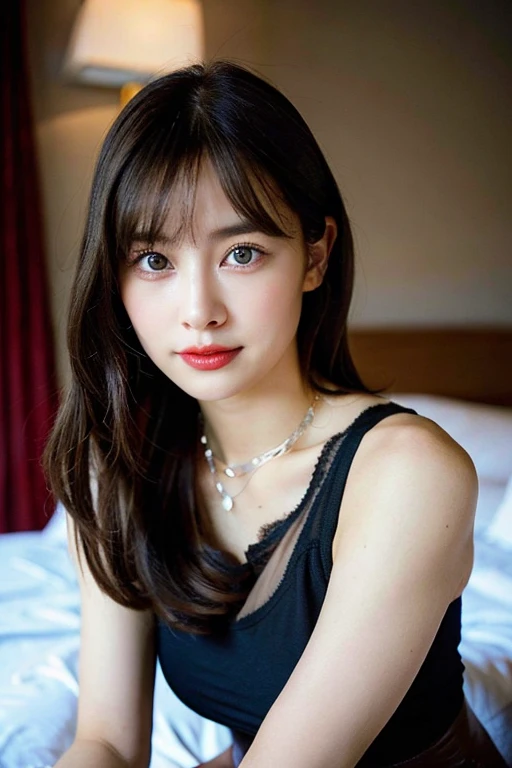 highest quality, masterpiece, Ultra-high resolution, 8k, born, (Photorealistic:1.4), Professional Lighting, Low Angle, (Detailed Background:1.5), Starry Sky, thin, Dynamic pose, night, 1 girl, cute, smile, Big black eyes, Long eyelashes, Open your mouth, Small breasts, Medium Hair, Short bangs, Detailed clothing, off_shoulder, Wide-leg trousers