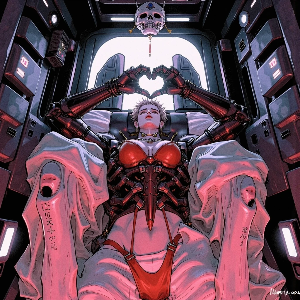 (star wars) A nurse droid (vaguely female, very human face, lots of spindly metal tool arms) is at a medical table stitching pieces of storm troopers together to make new stormtroopers. Heaps of storm trooper pieces lay in bloody piles near the table. Horror medical bay