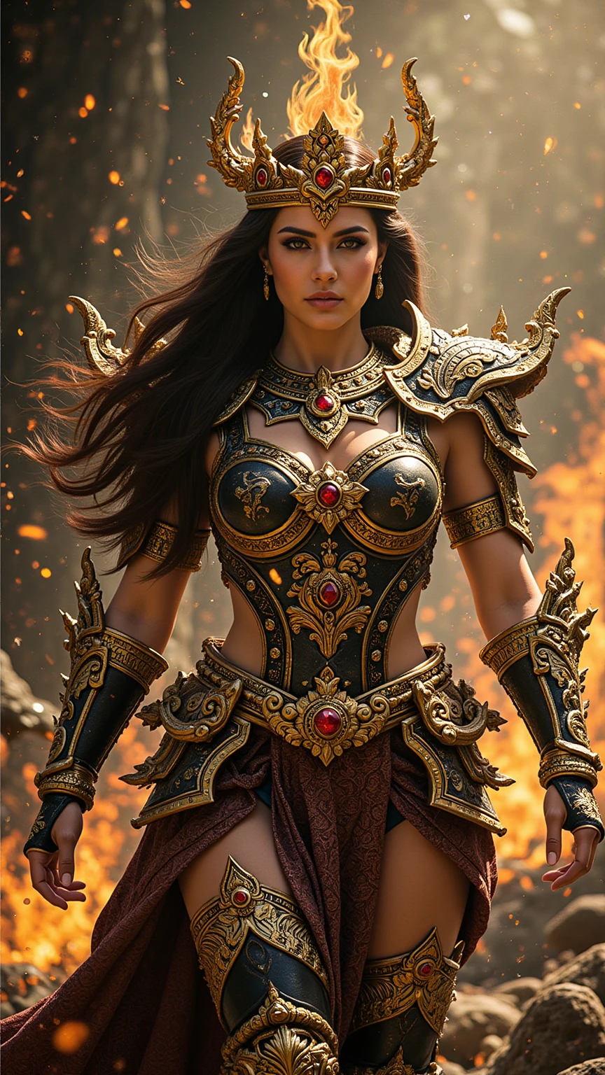 full body wide shot, woman beautiful face warrior wearing heavy iron armor,insanely detailed and intricate armor , hypermaximalist, elegant, ornate, hyper realistic, super detailed, cinematic light, dark fantasy, ConceptArtWorld, apocalyptic,grouchy, masterpiece,
