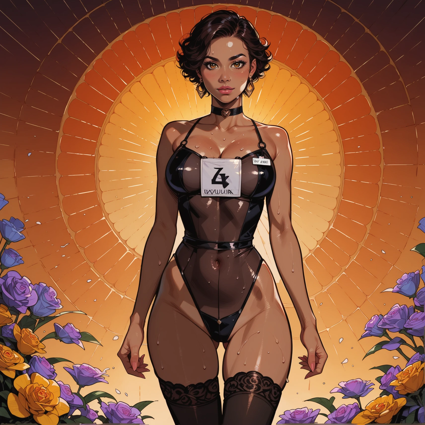 masterpiece, best quality, 1girl,choco skin, full nude, standing, open stance, sexy pose,(stand with tiptoe, side shot, trembling effect, lotion on skin, black hair), long tongue, wet skin, aroused, surround by flower, Surreal background
