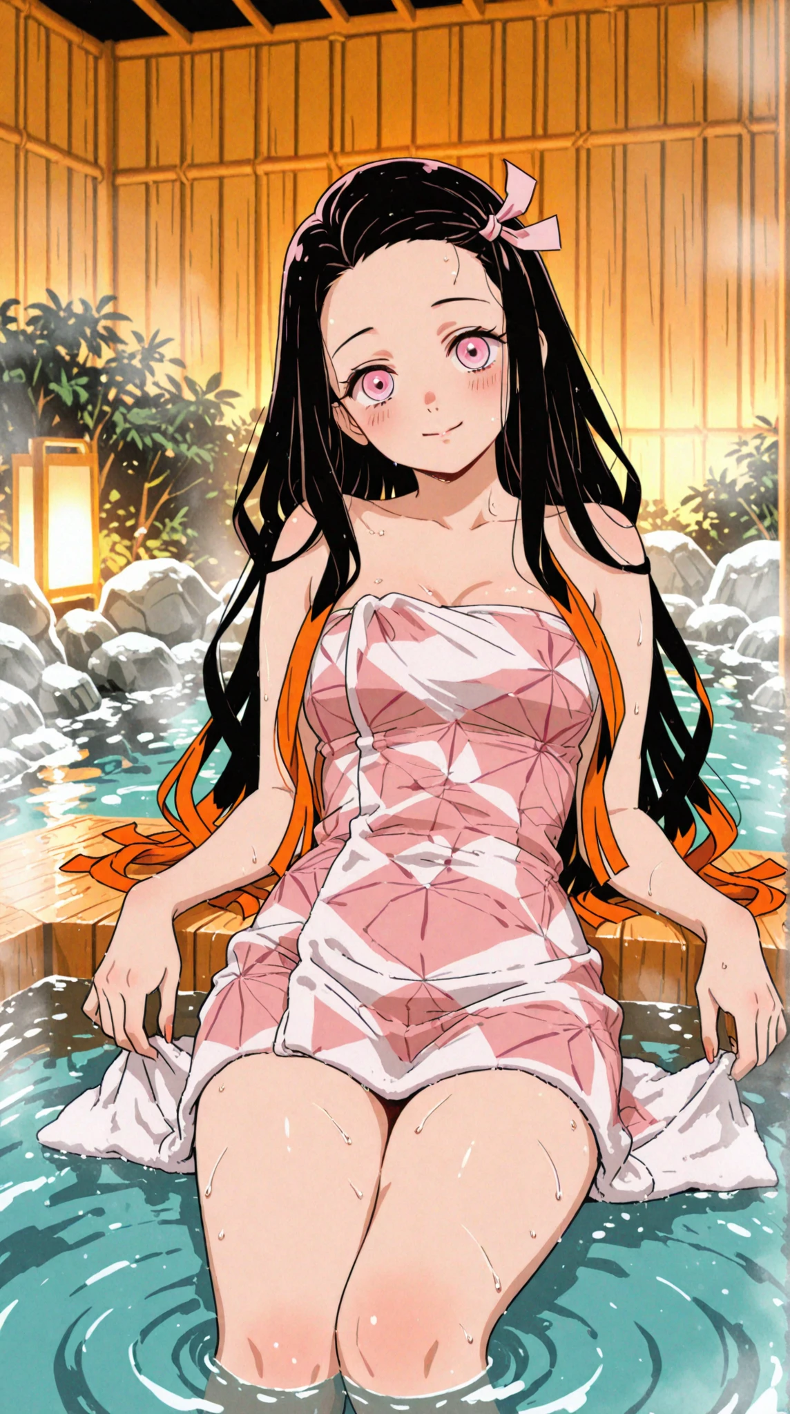 animated_source, score_9, score_8_up, score_7_up, animated screencap, Bulma, 1 girl, alone, looking at viewer, smile, sunset, beach, green eyes, standing, full body, naked breasts, big breasts, topless, pink nipples, purple hair, heart, barefoot, hand on hip, one side up, pajamas, heart print, pink pajamas, clothing writing