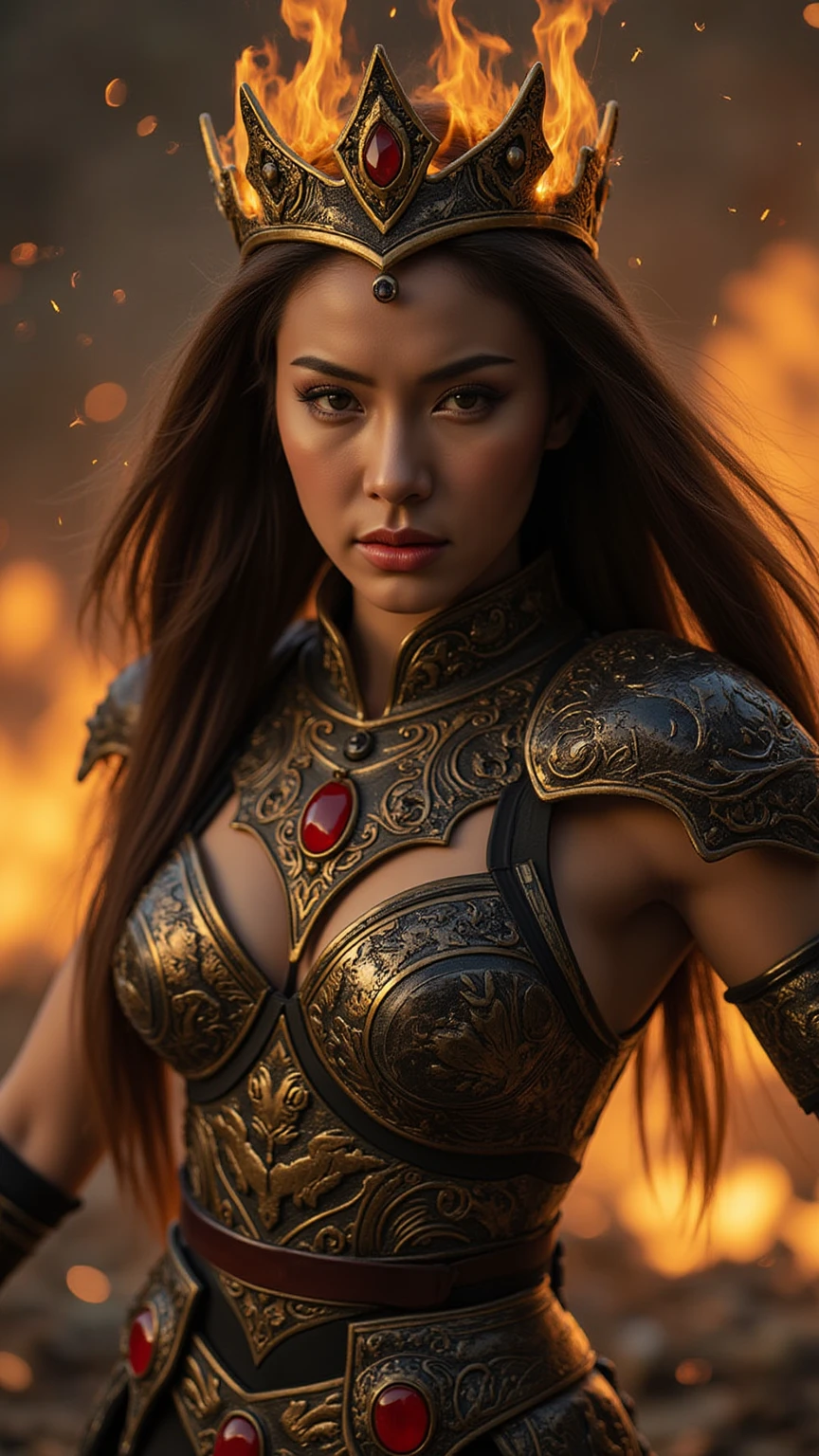 (Best quality, 8k, 32k, Masterpiece, UHD:1.2),fantasy,beautiful woman,japanese,warrior,Exposed bikini Armor,smile,thigh,bare navel