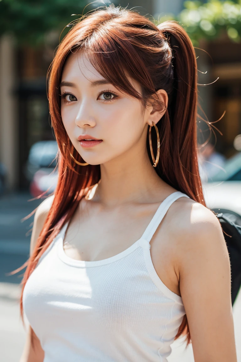 streaked hair, red hair, quad drills, hair between eyes, hair flaps, rimless eyewear, symbol-shaped pupils, tsurime, longeyelashes, hoop earrings, light smile, Surrealism, depth of field, letterboxed, first-person view, close-up, Canon, 8k, super detail, UHD, retina, textured skin, anatomically correct, high details