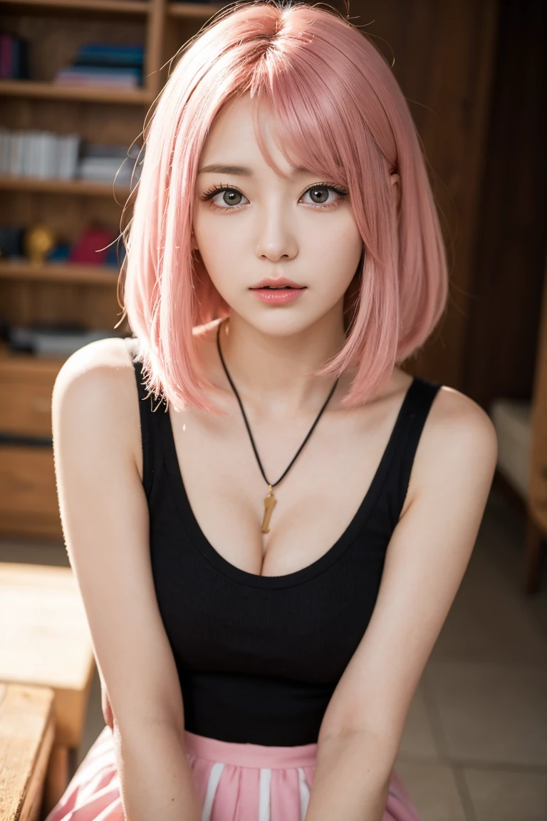 masutepiece, Best Quality, Illustration, Ultra-detailed, finely detail, hight resolution, in 8K,Wallpaper, Perfect dynamic composition, Beautiful detailed eyes, Black tank top,Short bob hair、Pink hair color,Big Natural Color Lip, Bold sexy poses,is crying、cold stare,Harajuku、20 years girl、Cute、Sexy shot looking at camera、In a dark room、Sleeping on the bed