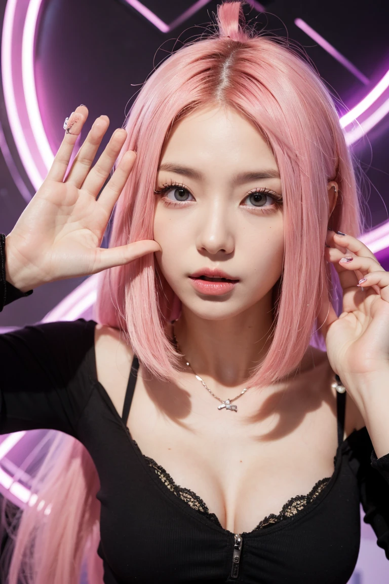nsfw、sexy asian fashion model、glossy lipstick、smiling face、defined eyebrows、ultra detailed drama makeup、long lashes、full body Esbian、ultra detailed latex business dress(neon pink)、latex bracelets、Colorful hair