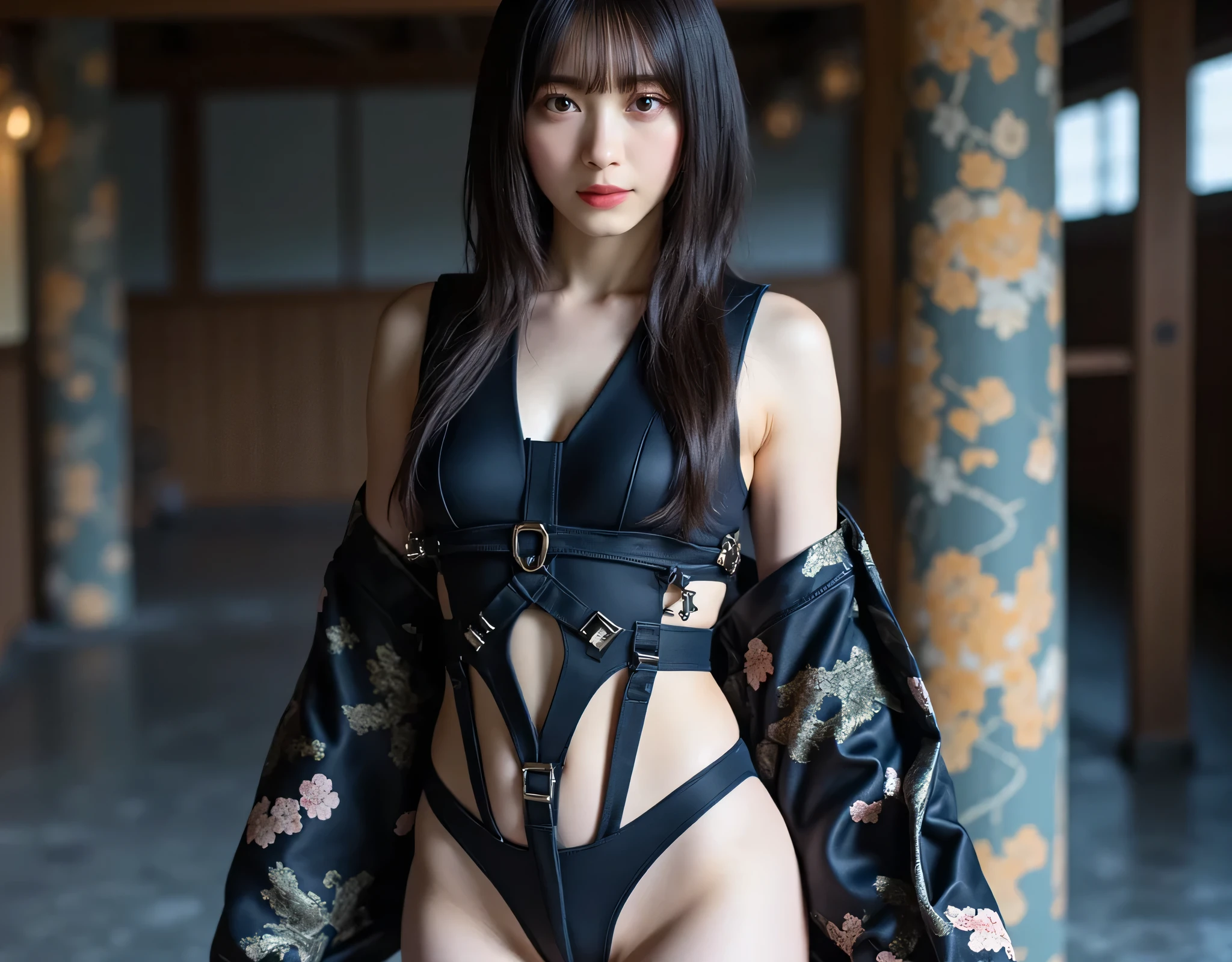 a woman covered in intricate white cybernetics, blue led lights, battle suit, cleavage, high tech, ultra high def, 32k, (Bikini Cyborg robot parts), (detailed:1.4), cyberpunk city background, rainy street, beautiful face, golden long hair, professional lighting, masterpiece, very delicate and beautiful, professional photograph, (smiling:0.5)