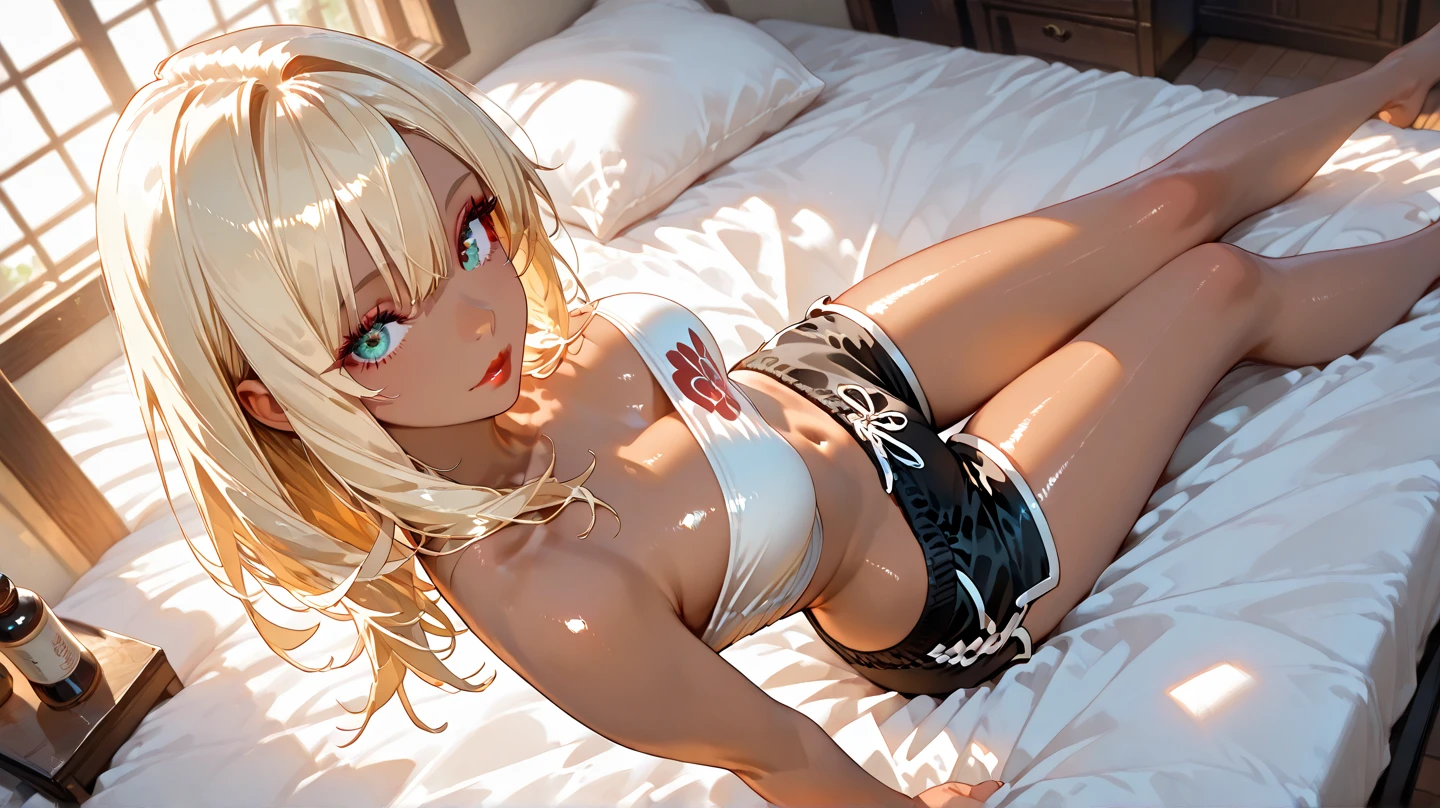 Create a high-quality, detailed image of a beautiful anime gamer girl with tattoos, long blonde hair, sitting at her gaming PC in her bedroom. She is wearing a see-through tank top, barely showing her nipples, her panties and midriff, highlighting her stunning curves. The warm, inviting scene includes soft ambient lighting and comfortable seating. The bedroom is illuminated by a small lamp, creating a serene and intimate atmosphere. Ensure the room has cozy elements like a bed with plush pillows and blankets, posters on the walls, and a few gaming accessories scattered around to enhance the ambiance.