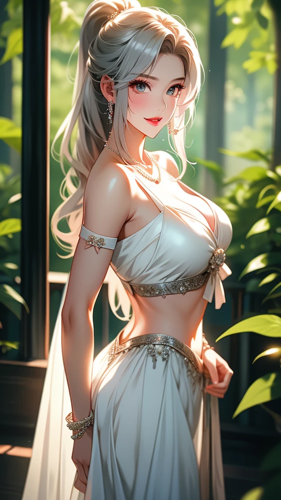 1 girl, Beautiful elf lady, blonde Long straight hair, upturn elf pointy ears, sexy figure, hot body, very beautiful face, detailed face, delicate eyes, detailed pupil, beautiful and delicate lips, blush, shy, heart, in love, white camisole long skirt, Simple and stylish, small crystal earrings, hand drawn animation, high detailed, outdoor, symmetrical clothes, best quality, masterpiece, retina,