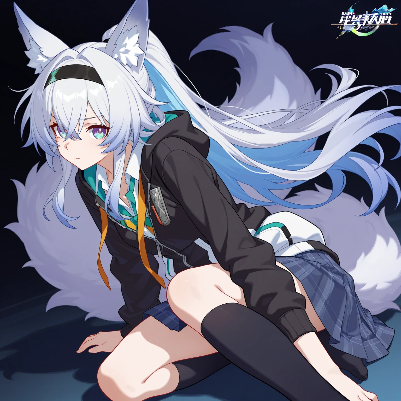 null,Milky Way, neutral character,Two-dimensional beautiful girl, one person,blue hair, animal ears, blue eyes, wing, bangs, wolf cut, medium hair,Big hoodie,singing