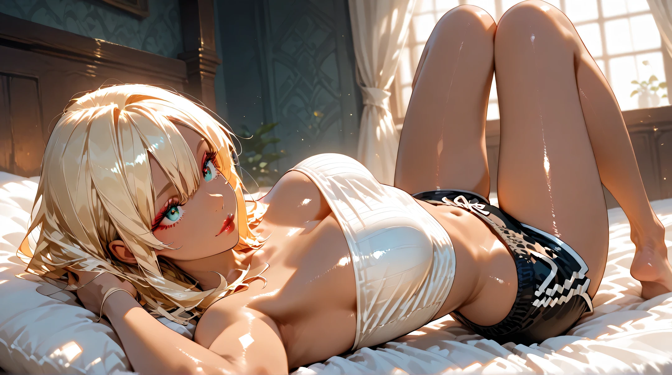 4K highly detailed realism((The whole body includes the legs))Photo of beautiful 18 year old Anglo-Saxon sweaty girl,((Sharp chin))and perky tits,Standing in a tall building by the bedroom window in wet clothes,White wall wearing wet sports bra with deep neck close-up of a woman with very large breasts, seductive anime girls, beautiful and seductive anime woman, Smooth anime CG art, 3 d anime realistic, Realistic anime 3 D style, Photorealistic anime, photorealistic anime girl rendering, trending on cgstation, Anime goddess, hyper realistic anime, Japanese goddess, 8K high quality detailed art, Detailed digital anime art