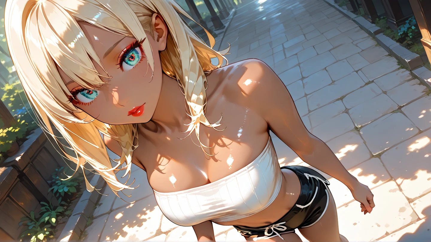Highest definition, masterpiece, 4K, high resolution, One mature adult woman, bewitching. One large dog. Female, platinum blonde, straight hair, bangs parted 7:3. Long slit eyes, beautiful and perfectly proportioned like a model. Tank top, tight mini skirt. Her breasts are large and beautiful, and you can see her nipples standing up even on top of her clothes.
(In a wooded area, a woman is on all fours in the grass. A large dog is clinging to her waist.)
The woman has a blush on her cheeks and a shy smile on her face.