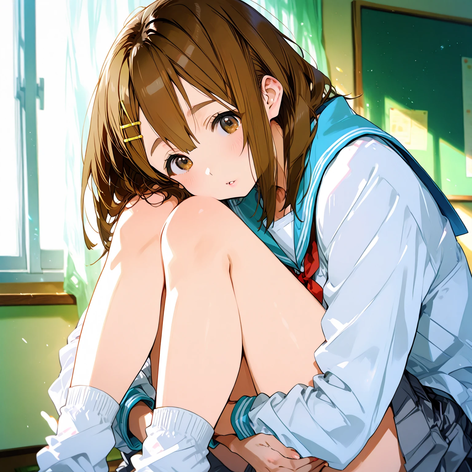 (masterpiece, best quality:1.2),illustration,8k,hd,1girl,solo,upper body,(portrait:1.2),brown_hair,folded_ponytail,brown_eyes,serafuku,long_hair,school_uniform,skirt,pleated_skirt,
