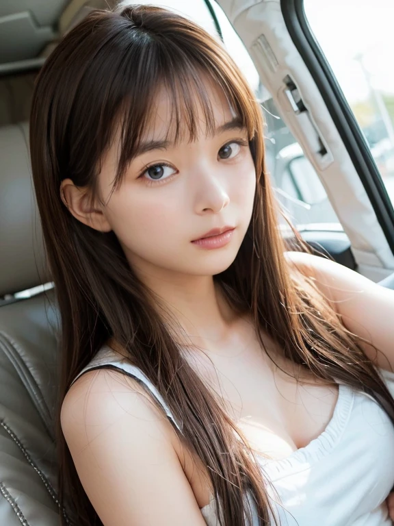 Japanese female, a lot of details, (underweight), 30 years old, detailed black hair, beautiful detailed hair, super fucking beautiful, delicate beautiful face, complex details beautiful and delicate eyes, perfect hands, (flat chest best quality:1.5), perfect and delicate limbs, detailed skin, best quality, ultra-detailed,(cheerful grin:1.3),car, nervous, (cockpit deck),(riding car:1.3), (sitting in the driver's seat of a car and holding the steering wheel),semi long, (gray off shoulder top), (white mini skirt), on the mountain, (at night:1.2), (full body shot:1.1), from side, ground-level shot