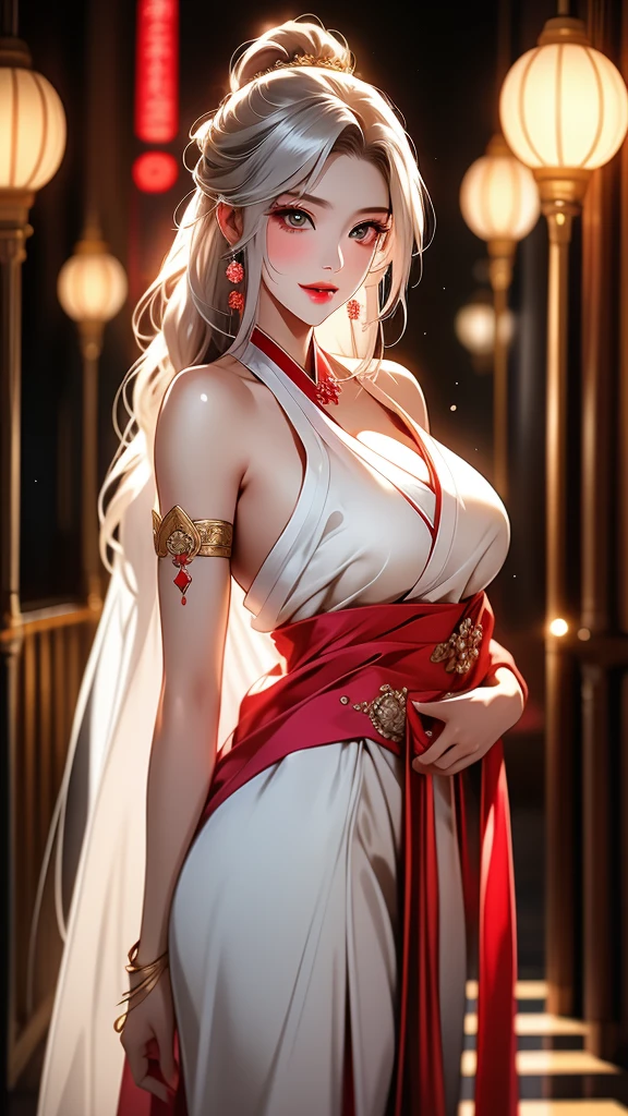 (masterpiece:1.5, Highest quality, Very detailed、 Dutch Angle、Semi-realistic、Fantasy)(One Girl, alone)(White and beautiful hair:1.4,,Straight Long Hair)(Wearing Han clothes, Royalty、White and red Hanfu:1.6,Thick fabric,Long sleeve)、((Off the shoulder、large breasts, Beautiful cleavage、ruby necklace))(Legs wrapped in tights)(cherry blossoms、dead tree、Mystical Night、Particles of light float around the woman、Fantasyのためのスペース)