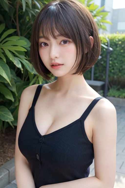 (highest quality、8K、32K、masterpiece、nffsw:1.2)、photo of cute japanese woman、big breasts:1.4、very short bobbed hair、Upper body、surface focus、suit、necklace、simple background、From above、looking at the viewer、cleavage:1.5、balanced body