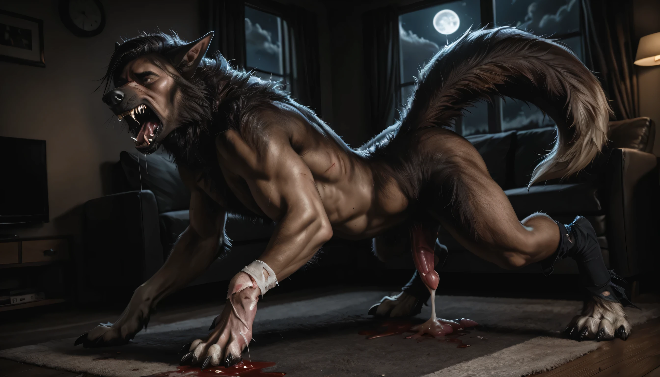 Werewolf transformation, spine, view from back, dynamic pose, angle, pov, lying on carpet, standing, scratches, werewolf, fluffy wolf breast, [feet: paw:0.7], pads:1.3, paws:0.7, fangs:0.8, female, fur, snout, wolf snout, dog snout, whiskers, dog, nicked, bare,detailed fur, gradual fur, spread infection, scars, (injury, wound, wore, scratched, dripping blood, blood arounds, blood from mouth, bleed scars, bled), crying, sweating, drooling:1.2, in pain:0.8, crying:1.2, screaming, tattered socks, big toes, big curls fingers, deep night, window, stars, clouds, moon, ((darkness, night dramatic, deep shades,)), living room, shelf, TV screen light, scraps around, rags, shred, nsfw, clothes scraps,((Ultra-detailed, Realistic, realistic:1.37), 4k, 8k, RAW, HDR, UHD, 85mm f/1.4, 15mm, 35mm, 80mm, f2.8, high resolution, hd, full colour, 4k, high definition, sharp focus, smooth, Professional, cinematic, extreme detail, description, masterpiece, best quality,))