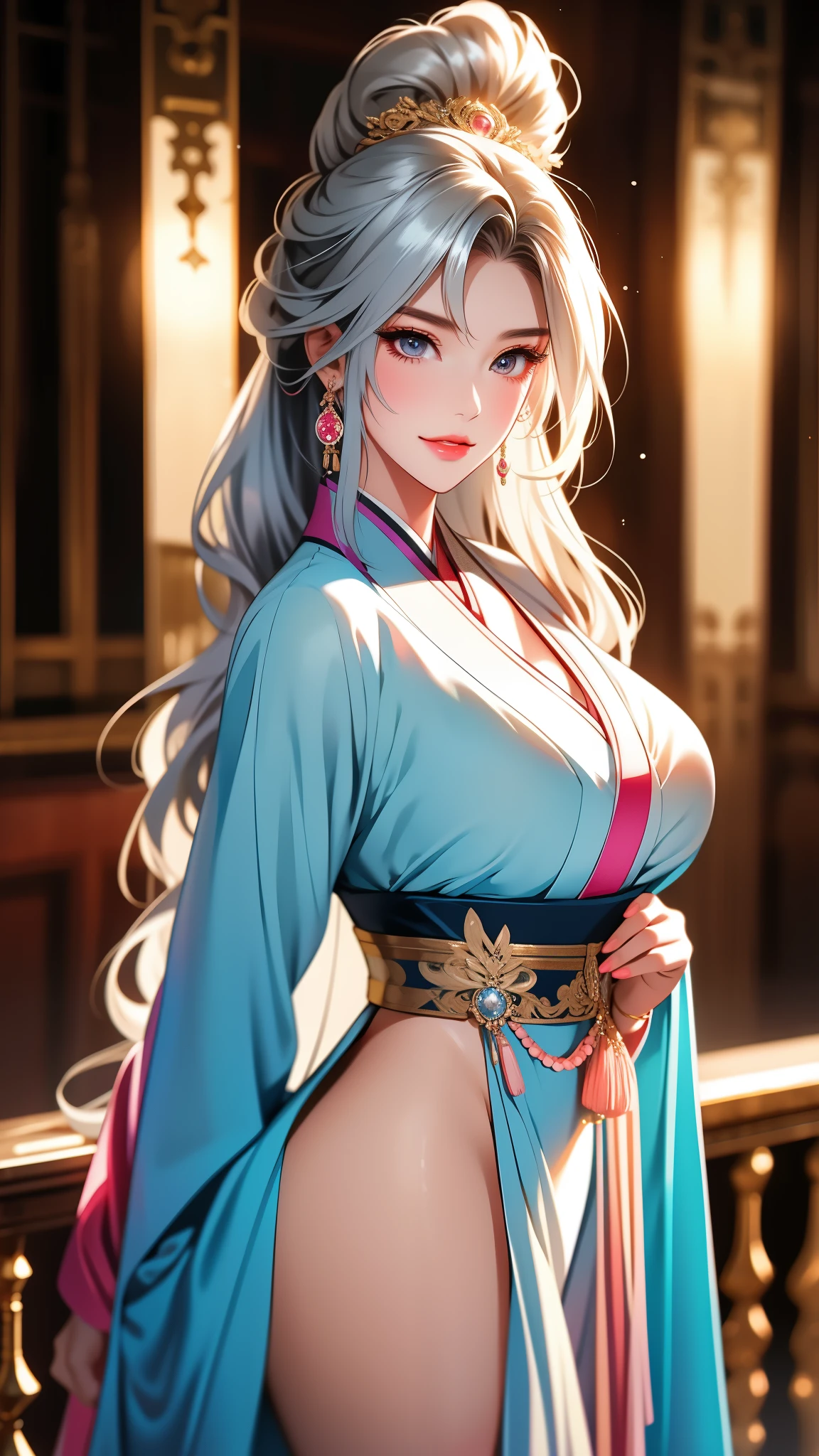 beautiful woman,folk girl,long, White hair and black eyes,red eyes,ฉันมีเปียlongทางด้านขวา.,She is wearing a purple Thai dress.,กระโปรงไทยโบราณlong,holding a jasmine garland,countryside,countryside,beautiful scenery,Ayutthaya historical site,smile with teeth,forehead,forehead exposed,big ,rift, ,(2 young women ,beautiful woman),หน้าอกbig,Show your breasts,The cracks are clear....,((หัวนมbig)),(pubic bone), rift, visible chest,seductive pose,I see bulging nipples.,(((areolae ขนาดbig:1.4,pink,The nipples are clearly visible.......))),(Separate outfit showing nipples:1.4), (semi-naked:1.8)