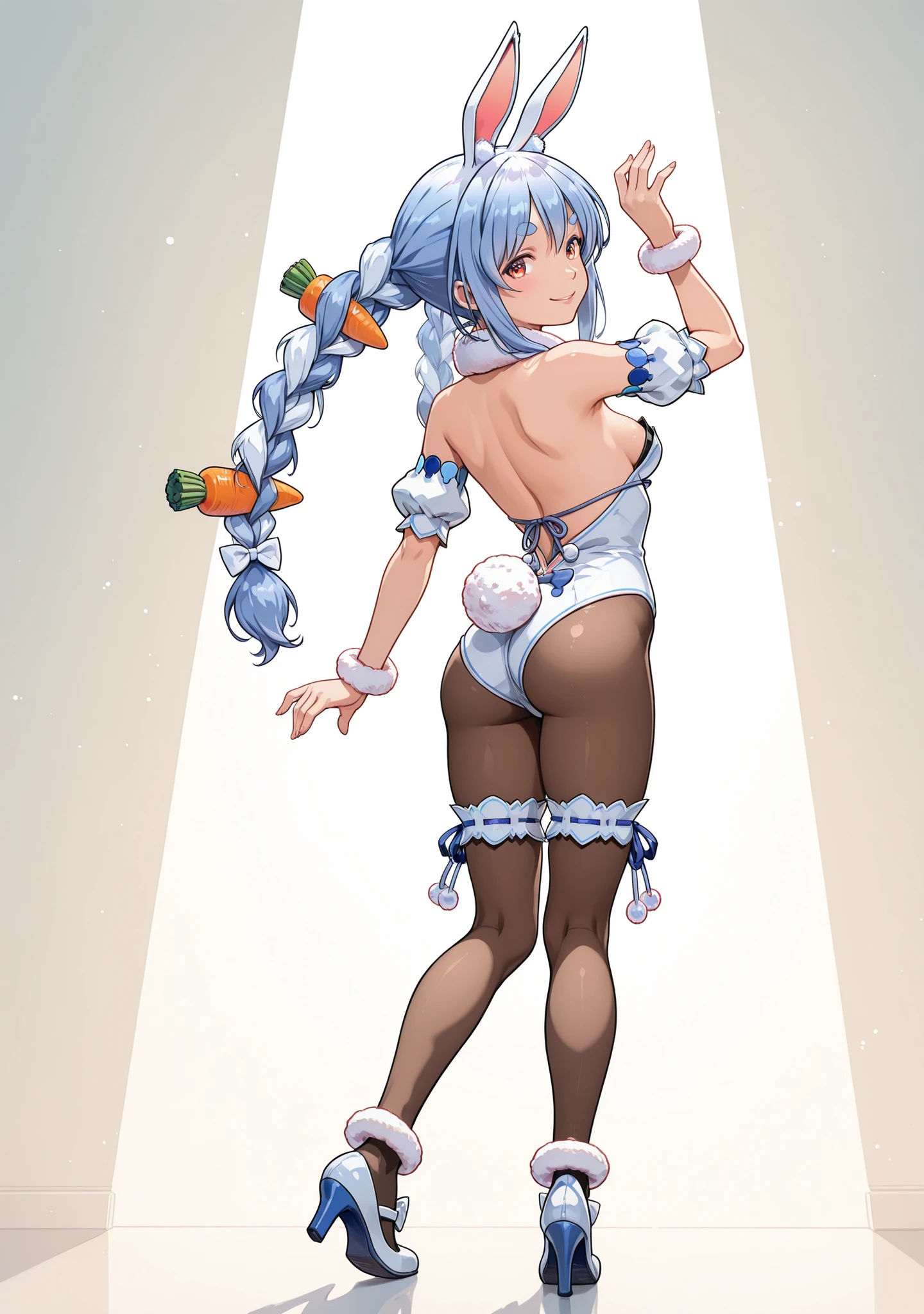 Usada Pekora, anime girl, light blue twin braids, red eyes, rabbit ears, carrot hair accessories, white and blue bunny outfit, fluffy bunny tail, black thigh-high stockings, high heels, back view, arched back, looking over shoulder, playful expression, soft lighting, vivid colors, high detail, masterpiece