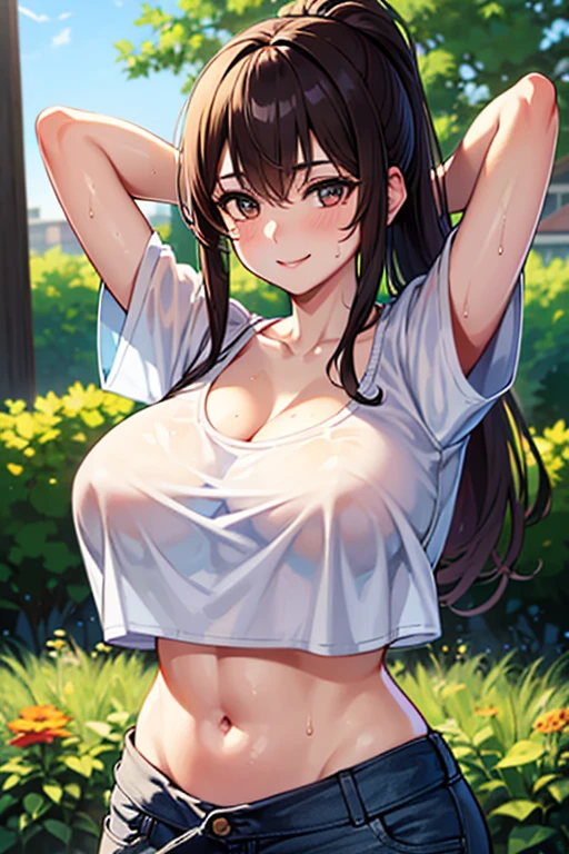 ((best quality)), ((masterpiece)), ((detailed)), (((perfect face))), (((18yo age girl))), (((topless))), (((medium brea ((cut off denim shorts))), ((dark brown hair)), ((short ponytail)), (((((blue eyes))))), ((shy:1.3)), ((blushing:1.5)), (((bare arms))), (((bare shoulders))), (((bare stomach))), (((garden)))), (((standing))), (((close up on upper body))), (((arms behind head)))