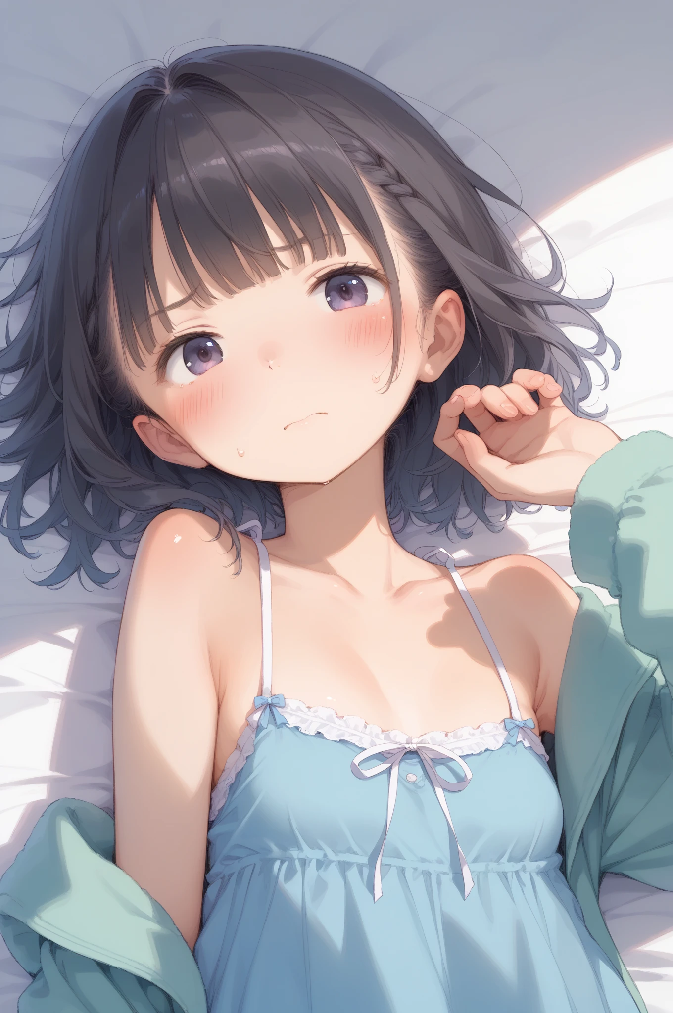 5-year-old girl, in underwear, small breasts, patterned cotton panties, fabric realistic, slip
