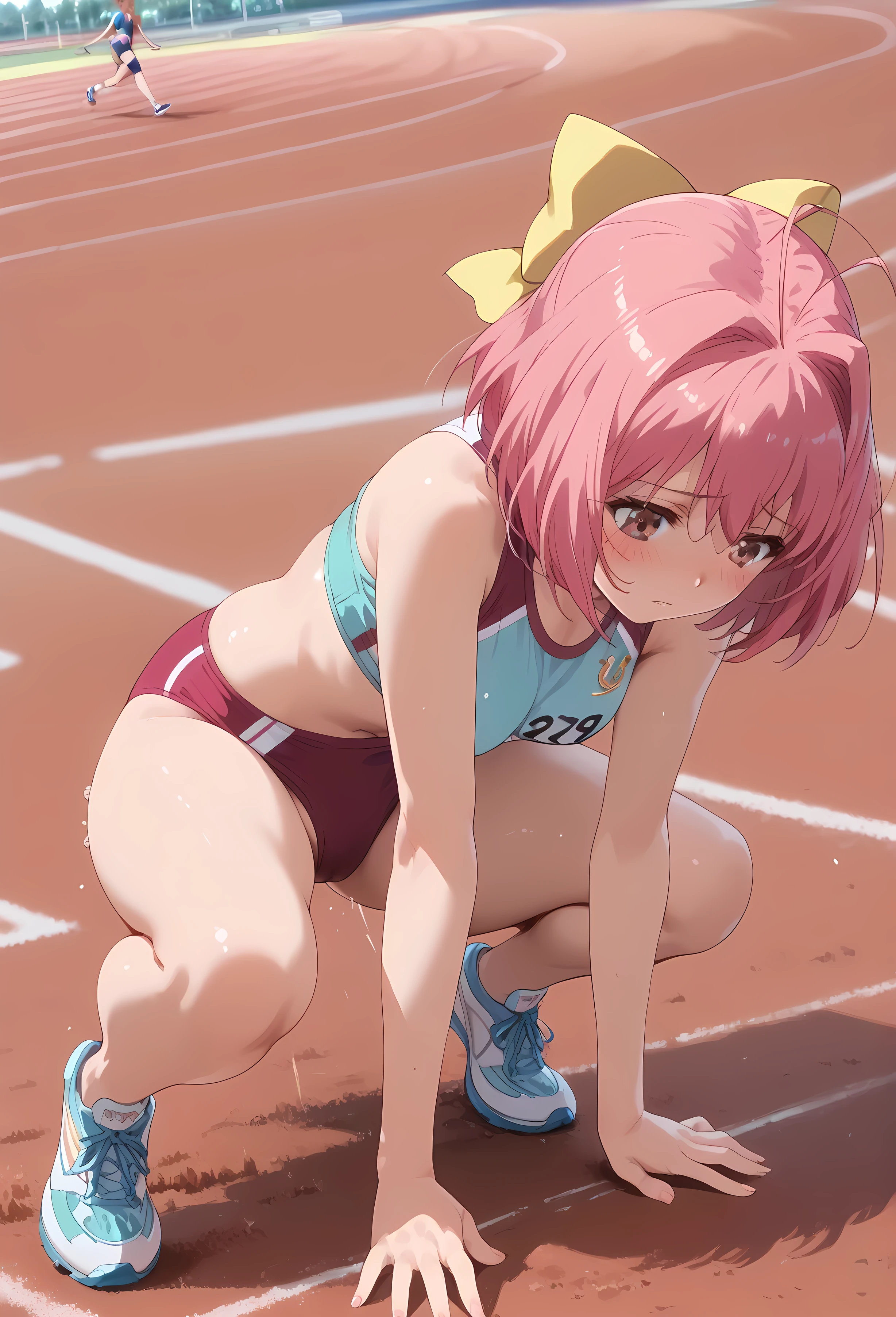 score_9, score_8_up, score_7_up, score_6, (masterpiece), best quality, break 1 girl, looking down , from above,(crouching start,push-ups,all fours,squatting,bent knees:1.1), internal,(((blush))) break, 1 girl, Japanese sexy girl,, pretty girl, , pretty girl, Junior high schoolgirl, kanon nakagawa | nakagawa kanon, Big great, pink hair, antenna hair, hair bow of yellow, pink eyes, wide shoulder ,thin waist,wide hips, break, track and field uniform, running shoes, (track and field sports bikini:1.5), spread legs