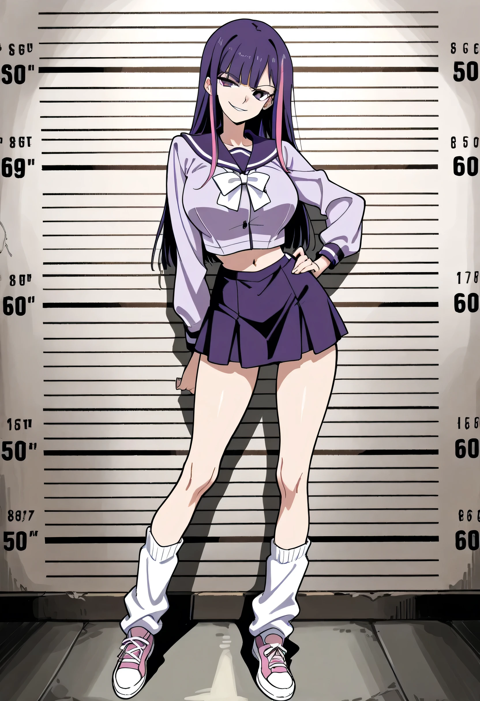 score_9, score_8_up, score_7_up, 1girl, mature, solo, smirk, long hair, bangs , straight hair, purple hair , pink highlights inner , purple eyes, purple sailor school uniform, navel , short skirt, long legs , big breast , arched back , hand on hip , loose socks, casual stance , shoes , mugshot room background , full body,
v3r1d1an,